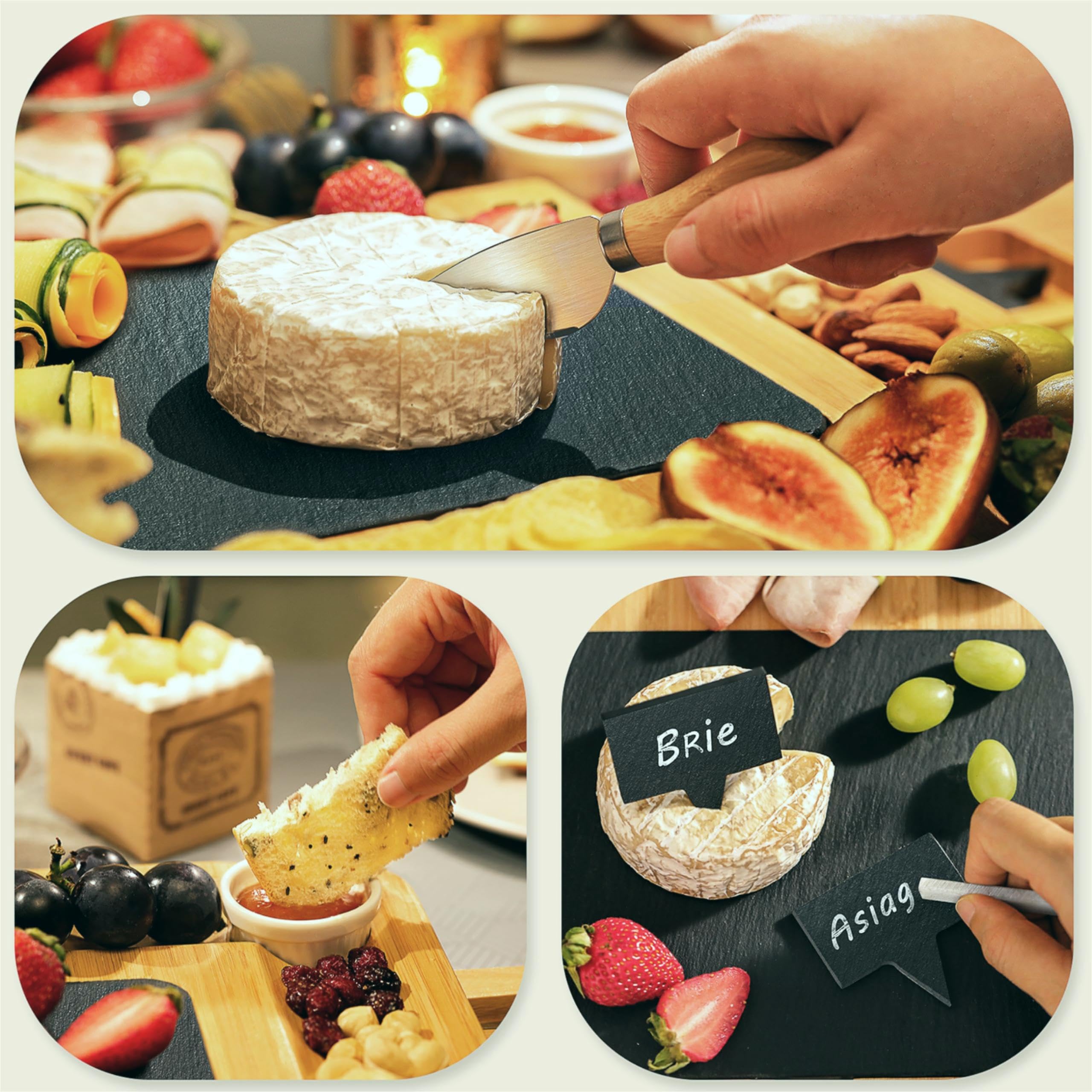 Plateau à fromages en bambou gravé personnalisé avec boîte extensible, 4 couteaux en acier inoxydable et ardoise noire, cadeaux de fête des mères pour maman, mariage, enterrement de vie de jeune fille