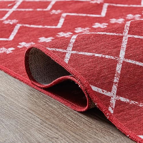 Miniatura 6 de Vangao Alfombra de Navidad con copos de nieve de 4 x 6 pies, color rojo, para sala de estar, lavable, antideslizante, alfombra marroquí para