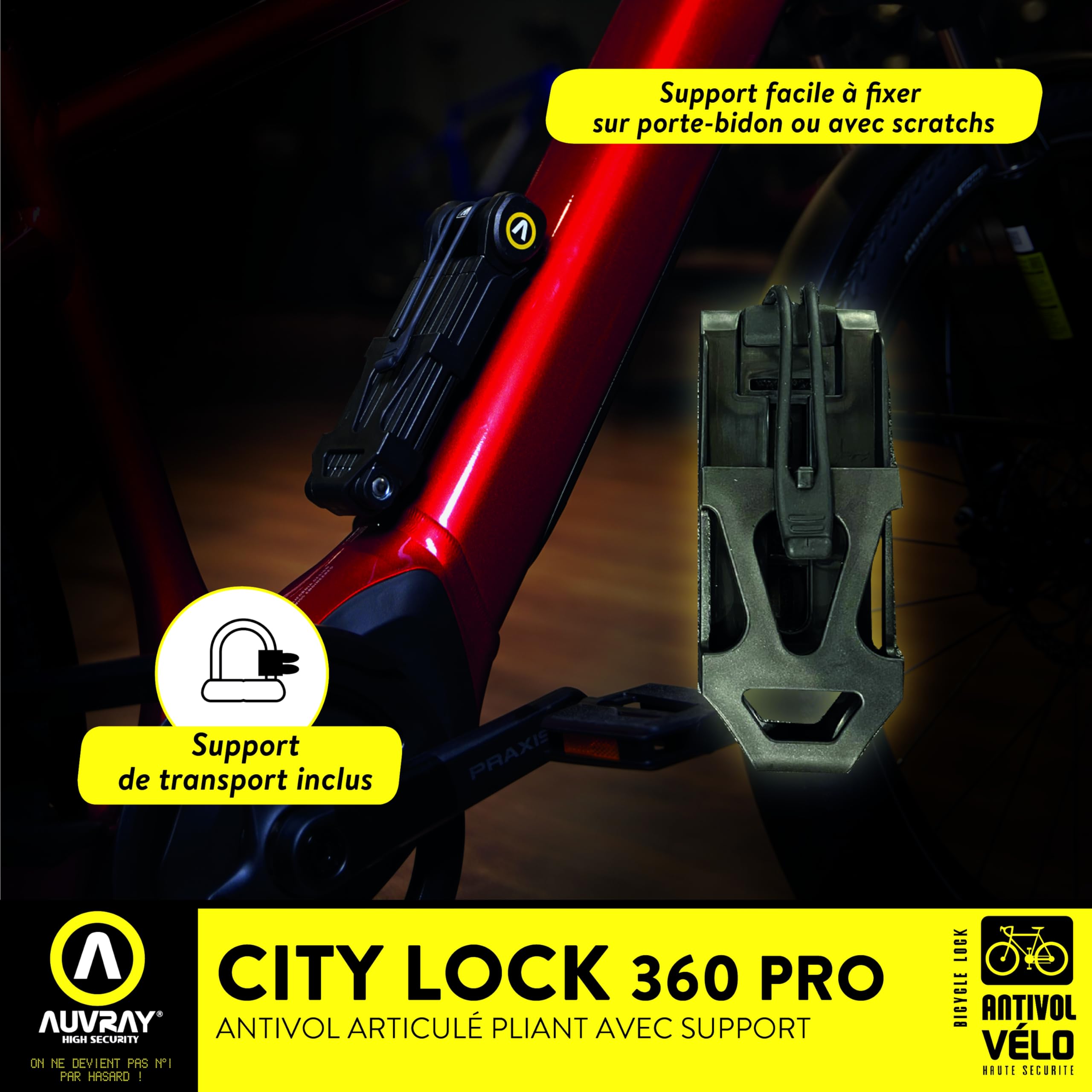 AUVRAY - Antivol vélo articulé City Lock 360 Pro - Certifié ART 4321 - Niveau de sécurité 8/10 - Recommandé par les Assureurs - Longueur 1200mm - Acier trempé - Tête rotative 360° - Haute sécurité