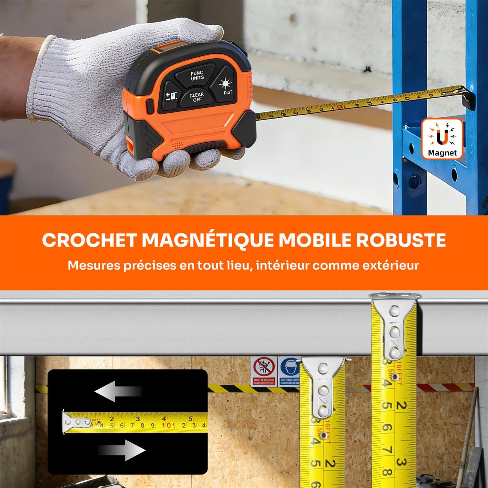 Telemetre Laser 2 en 1, Rechargeable Télémètre Laser 60m & Mètre Ruban 5m, Outil de Mesur avec Crochet Magnétique Mobile - Pythagore, Aire, Volume, Unité à Changement pour Décoration