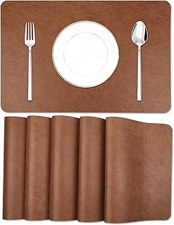 Cowhide Pattern Faux Leather Placemats Set of 6,Heat Resistant Non-Slip Waterproof Wipeable Washable Kitchen Dining PU Table Place Mats,Double-Sides Available,Dark Coffee