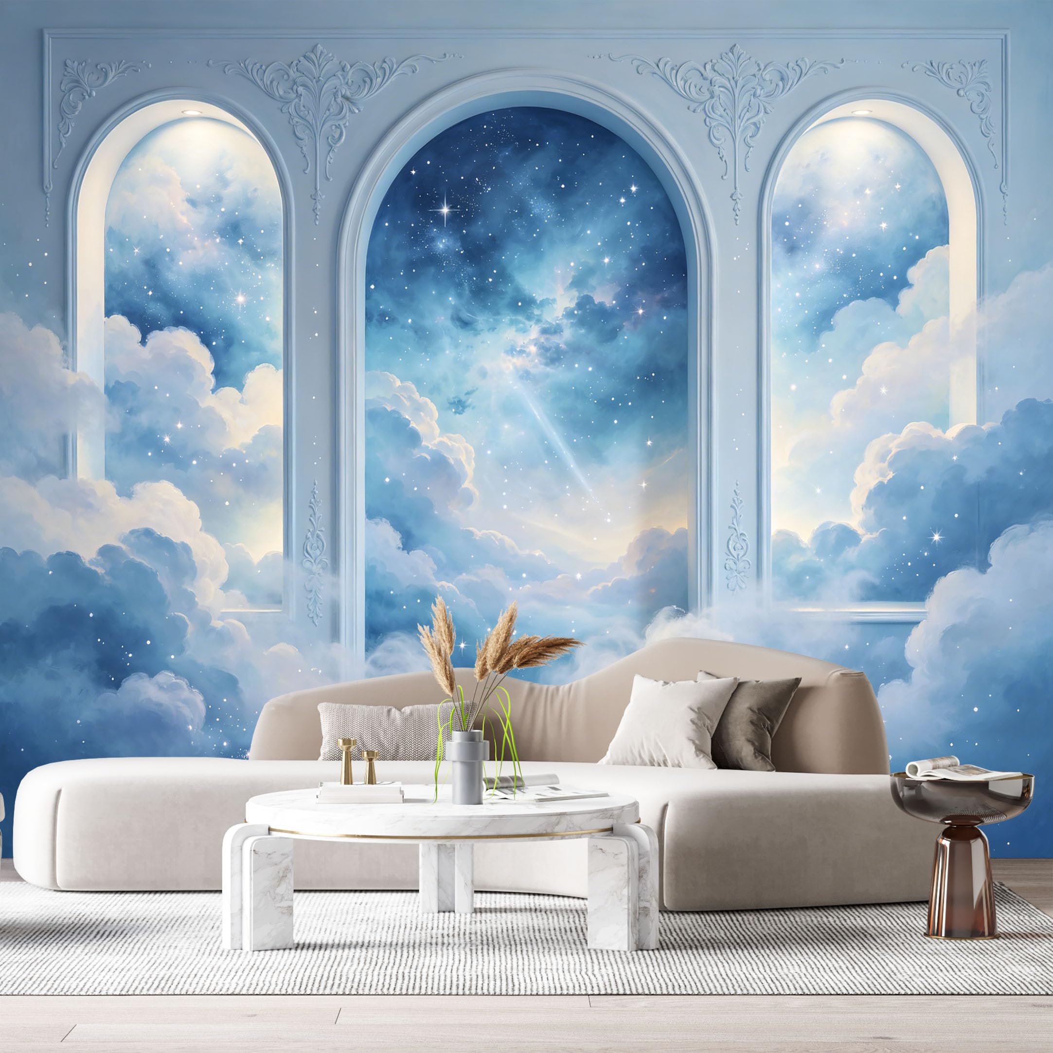 Custom Size Wall Murals Starry Sky Clouds Window View 3D Trompe L'Oeil SelfAdhesiveWall Fabric Removable Wallpaper Wall Decor for Living Room Bedroom Bathroom