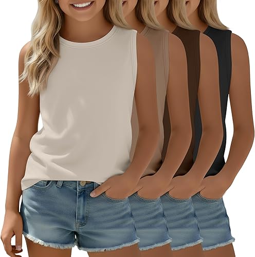 Paquete de 4 camisetas sin mangas para niñas, camisetas sin mangas, cuello redondo, camisetas casuales de verano para niños y adolescentes,