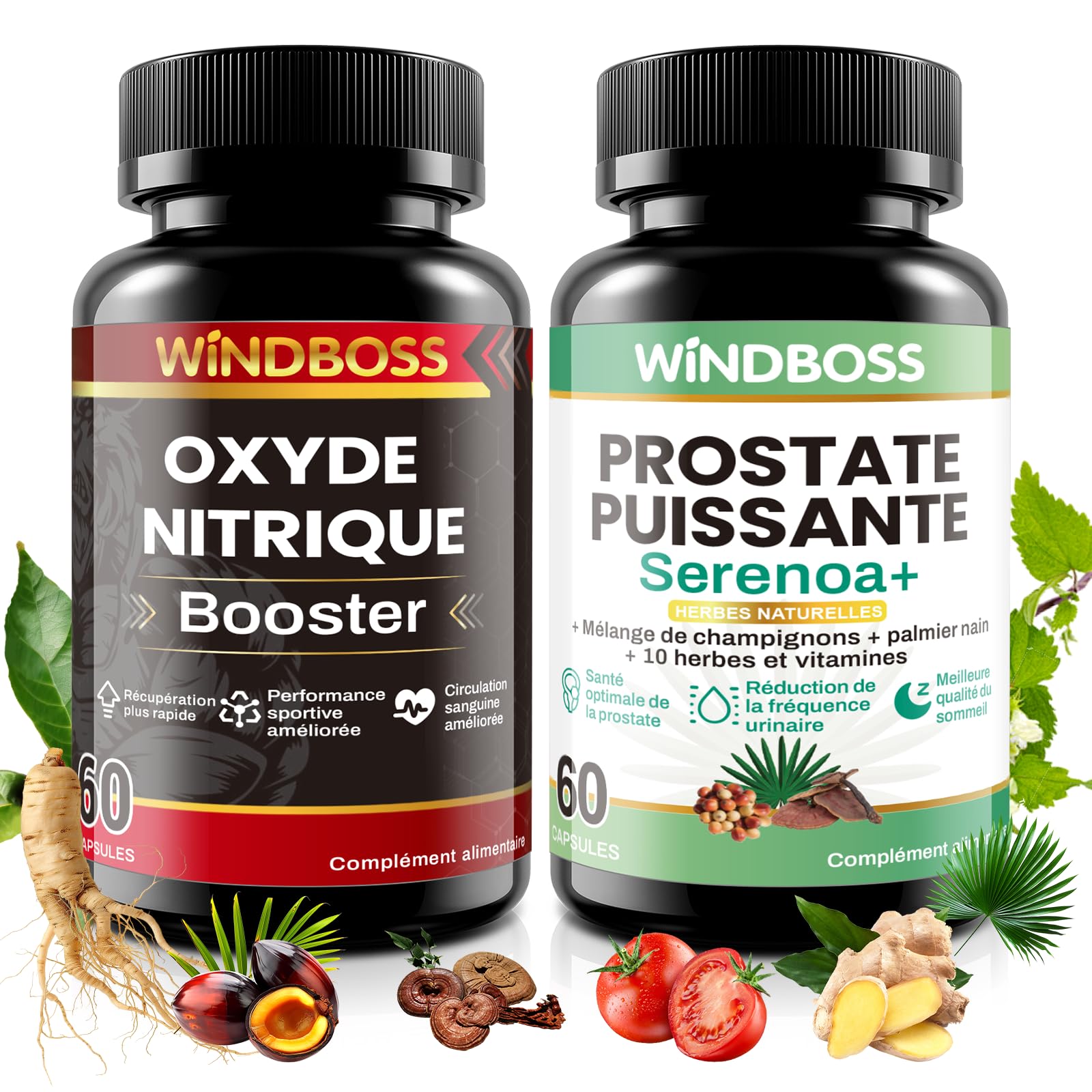 WINDBOSS Pack 2 en 1 – Booster d’Oxyde Nitrique & Complément Prostate pour Hommes – 60 Gélules Chacun – Améliore Circulation, Endurance, Santé Urinaire et Qualité du Sommeil avec