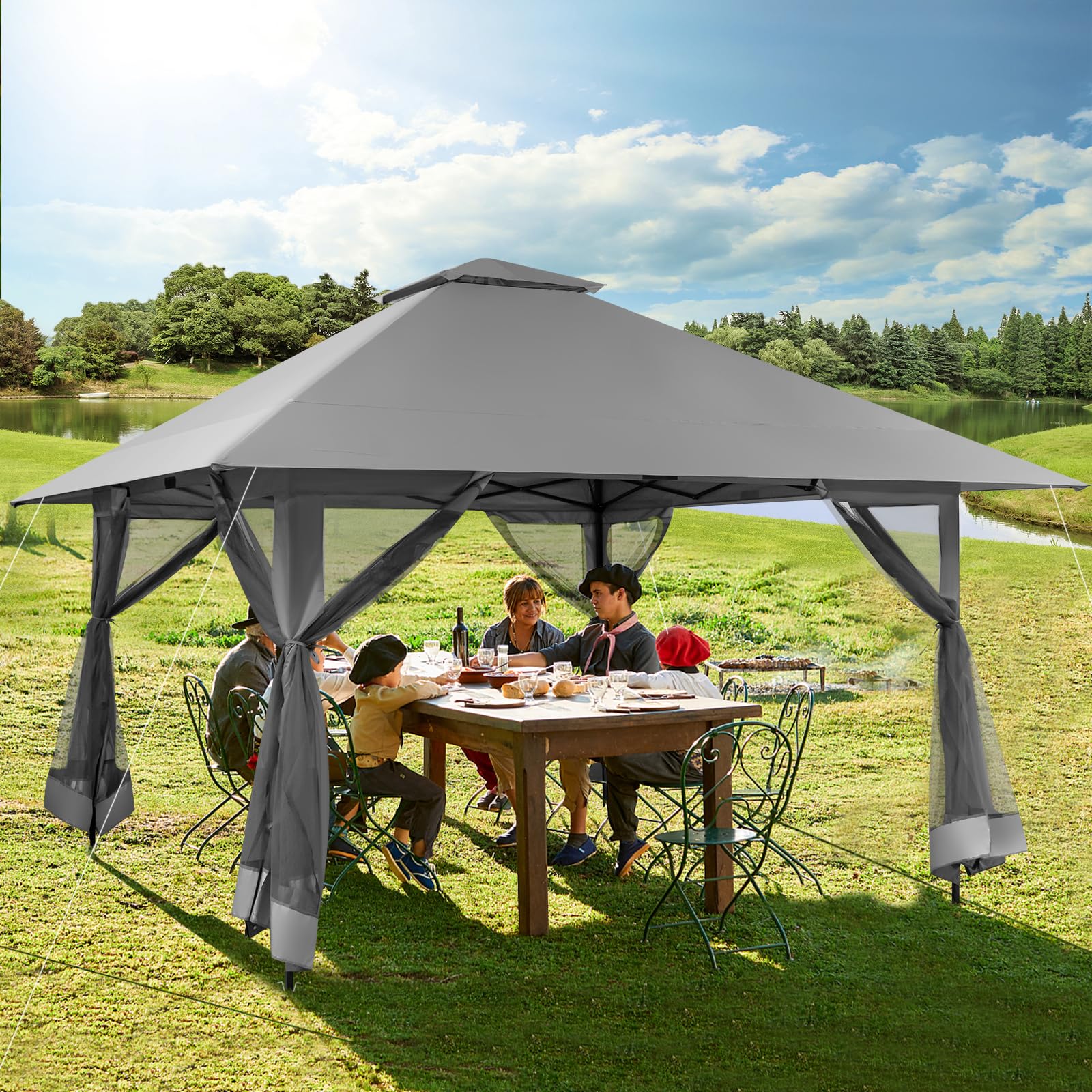 HOMASIS Gazebo Pieghevole da Giardino, Gazebo 4x4 M con Altezza Regolabile e Pareti Laterali Removibili, Gazebo Pop-Up con Zanzariera e Borsa per il Trasporto, per Patio, Spiaggia (Grigio)