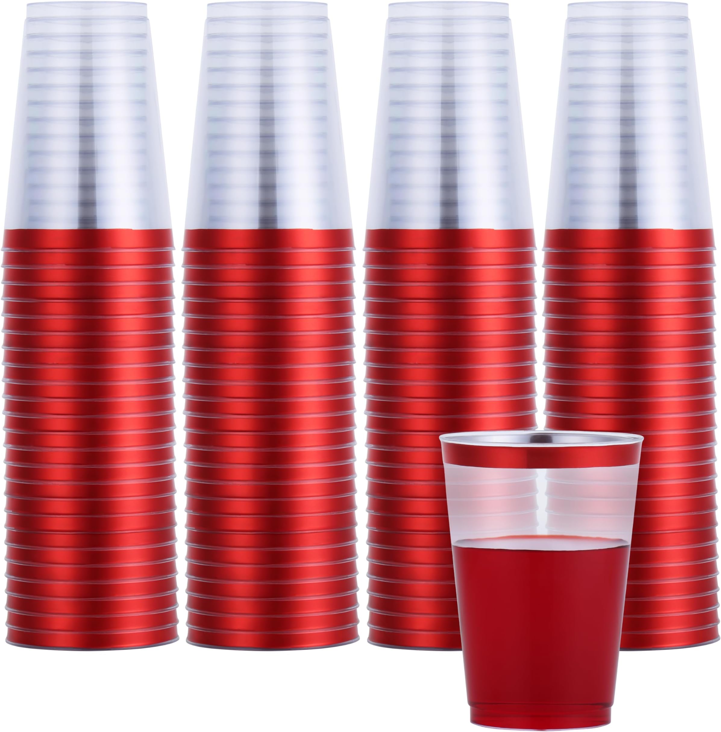 By MadeeHEAVYWEIGHT 100 Pack Red Plastic Cups 12 oz | Red Rimmed Plastic Cups for Party | Fancy Clear Disposable Cups for Party, Wedding and Special Occasions
