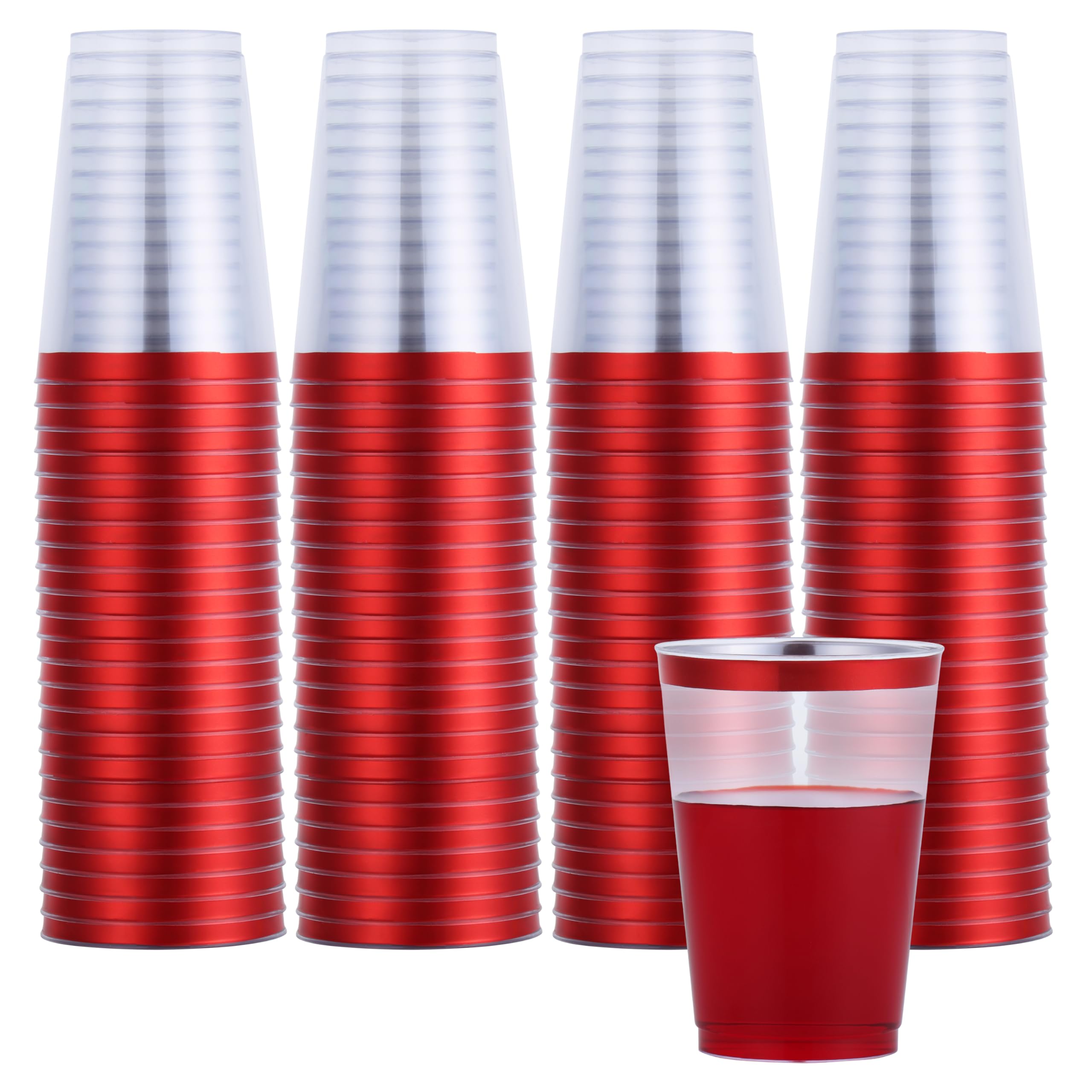 By MadeeHEAVYWEIGHT 100 Pack Red Plastic Cups 12 oz | Red Rimmed Plastic Cups for Party | Fancy Clear Disposable Cups for Party, Wedding and Special Occasions