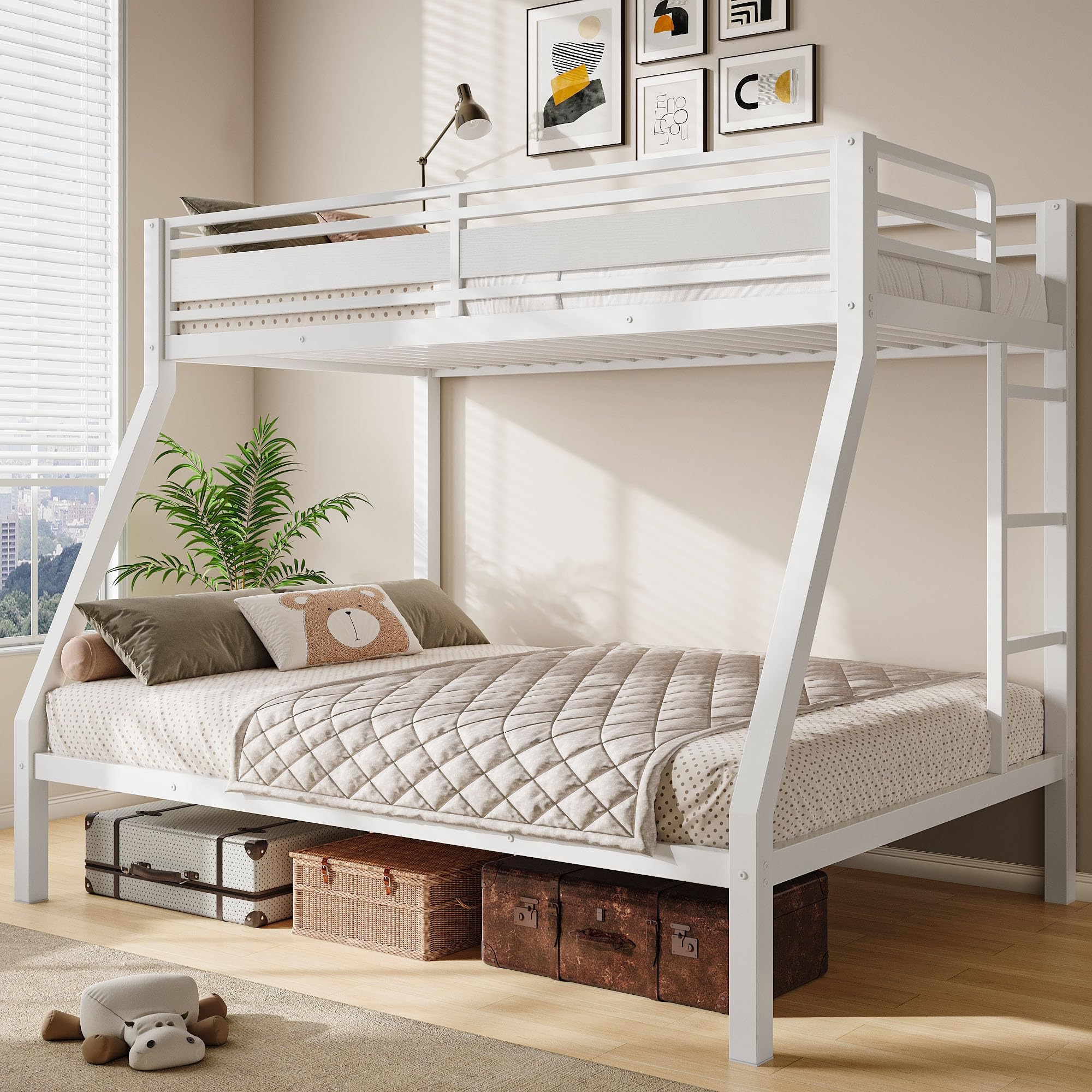 Photo 1 of Feonase Bunk Beds Twin Over Full Size, Heavy Duty Metal Bunk Beds with Safety Guardrail & Ladders, Steel Loft Bed Frame for Teens and Adults, Apartment or Dorm, Noise Free & Easy Assembly, White