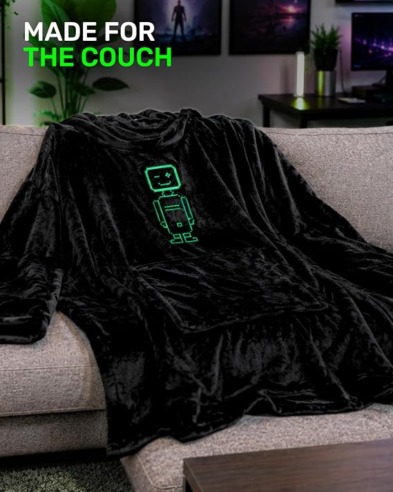 Couchmaster nerdytec Gaming Blanket, 180 x 200 cm, Comfortable Blanket with Sleeves and nerdybot-Design, 100% Polyester, Gaming accessoire in Black, for Gaming Husband or Boyfriend