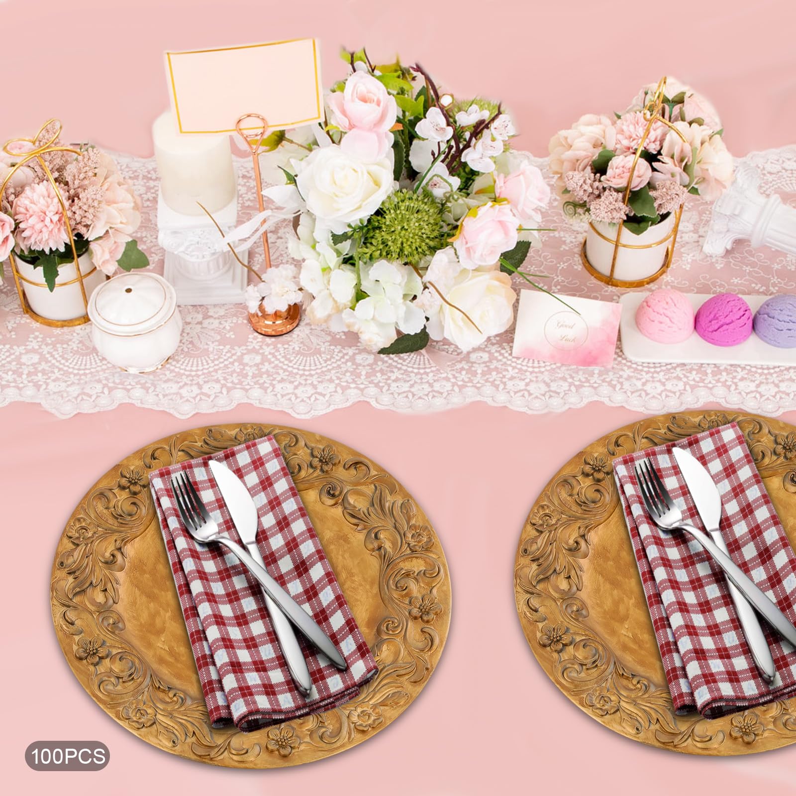 100 Stück Goldene Wiederverwendbare Platzteller, 33cm (Muster-C) | European Retro Einfarbige Unterteller, Runde Mehrweg Servierteller für Hochzeit, Party, Restaurant