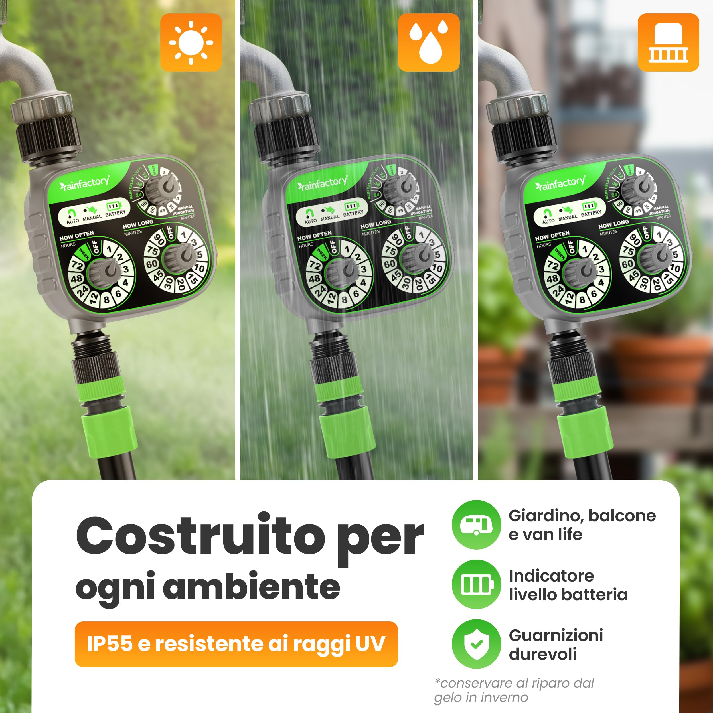 rainfactory Timer Irrigazione con 3 Manopole - Programmatore Irrigazione per Uso Automatico o Manuale con Ritardo Pioggia - Risparmio Acqua per Giardino, Prato e Balcone