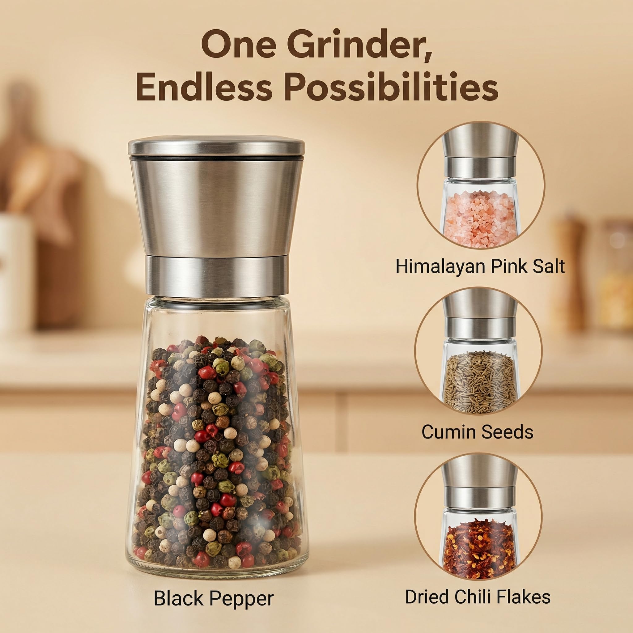Molinillo de Guindillas con Cuchillas Acero Inox Molino Chiles Secos Regulable Triturador Especias Manual Depósito Vidrio Cortador Chiles No Se Atasca Antihumedad Anillo Silicona Roja Pimentero Mesa