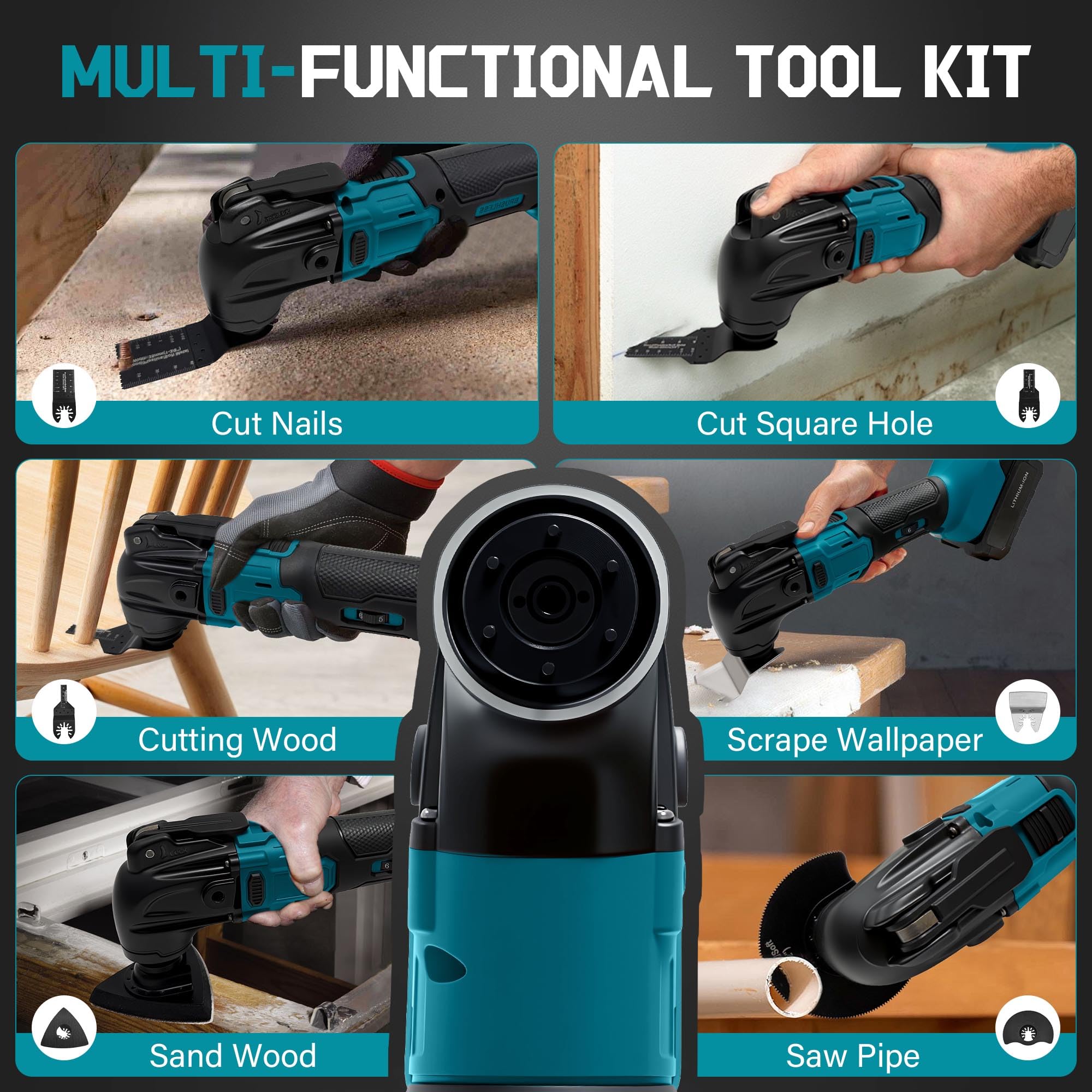 Multiherramientas oscilantes para batería Makita de 18 V, herramienta de corte y lijado multiusos, ángulo de oscilación de 4°, 6 velocidades variables, diseño de hoja de ajuste rápido con 21