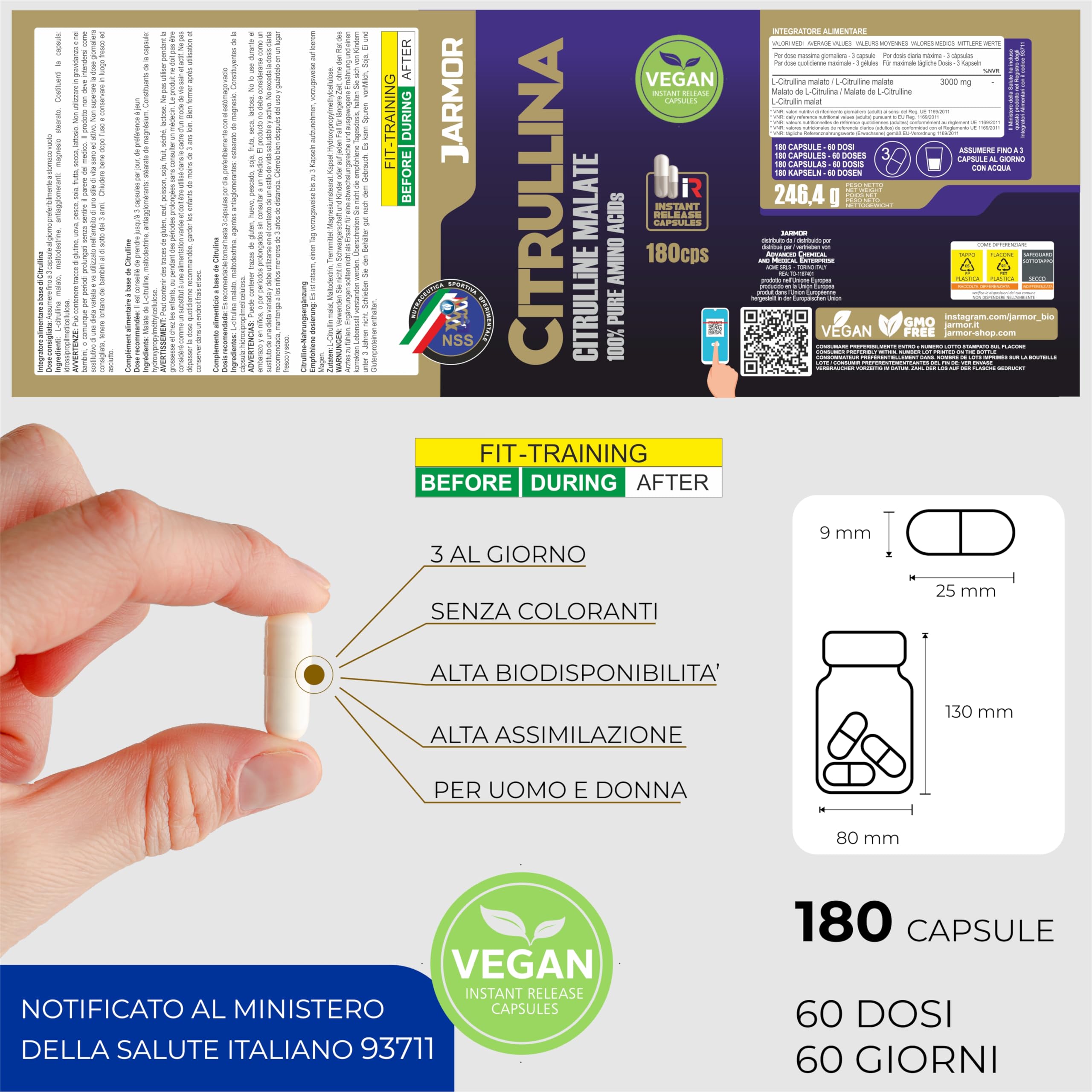 Citrullina Malato 3000mg - 180 Capsule J.Armor Pharma, L-Citrullina Pura Pre-Workout Naturale, Supporto Muscolare e Resistenza (180 CPS)