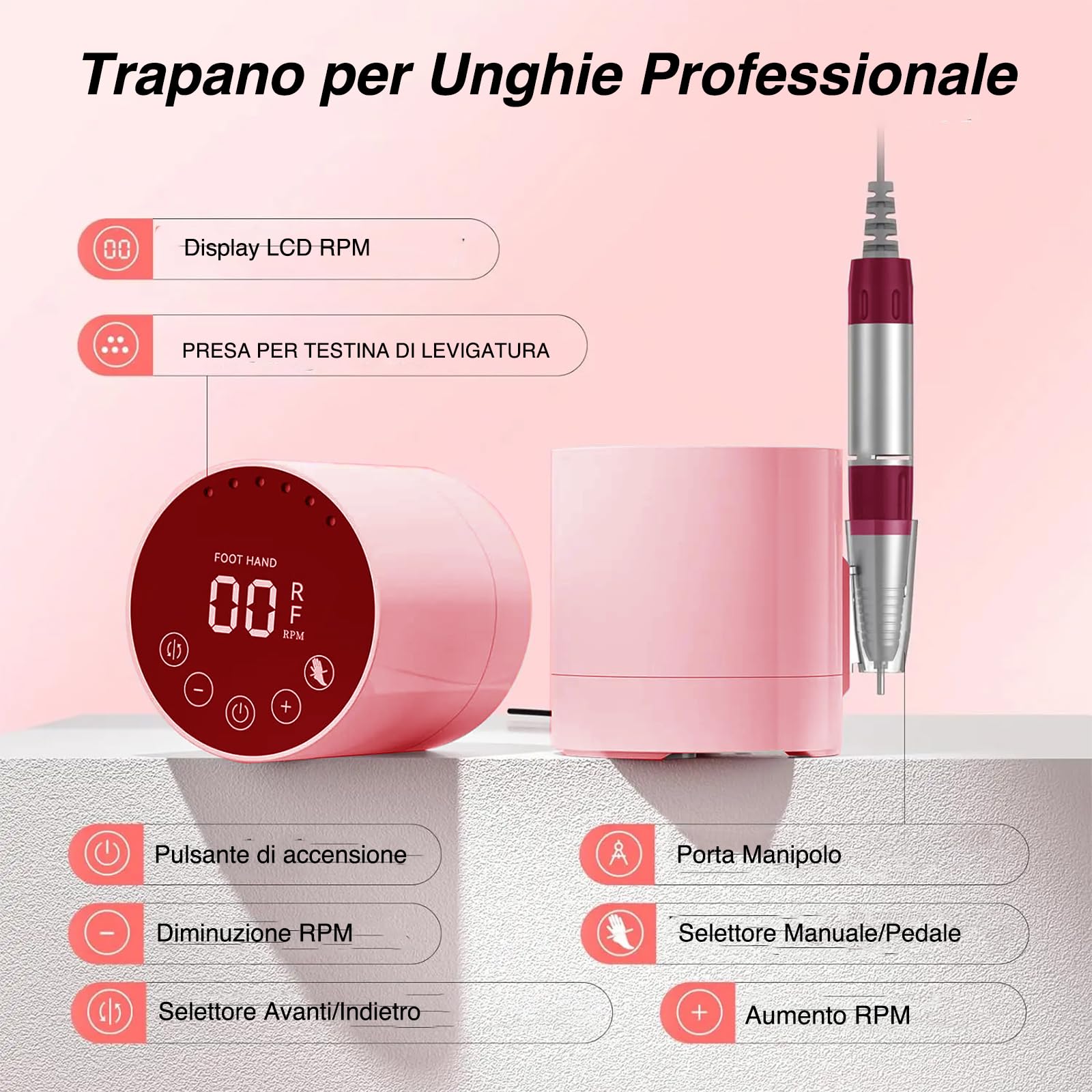VOLTIX Fresa per Unghie Professionale 35000RPM - Lima Elettrica con Pedale, 6 Frese e Accessori Inclusi, Set Manicure e Pedicure Elettrico per Unghie Acriliche, Gel e Nail Art (Rosa)