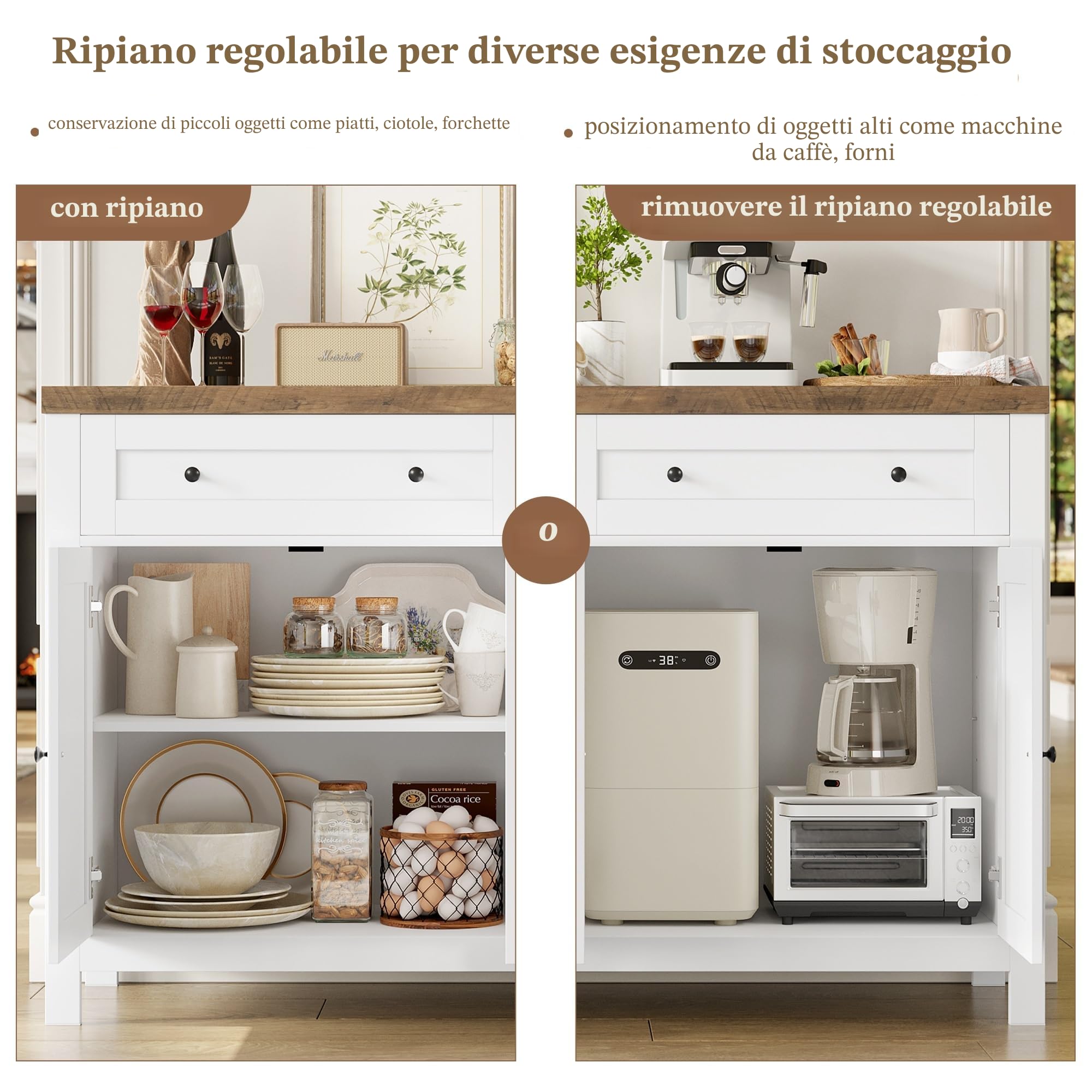 HOCSOK 140 cm Credenza Cucina, Madia Soggiorno Moderna con Ripiani Regolabili, Buffet Mobile con 2 Cassetti 4 Ante, per Soggiorno, Cucina, Ingresso, Multiuso, Bianco