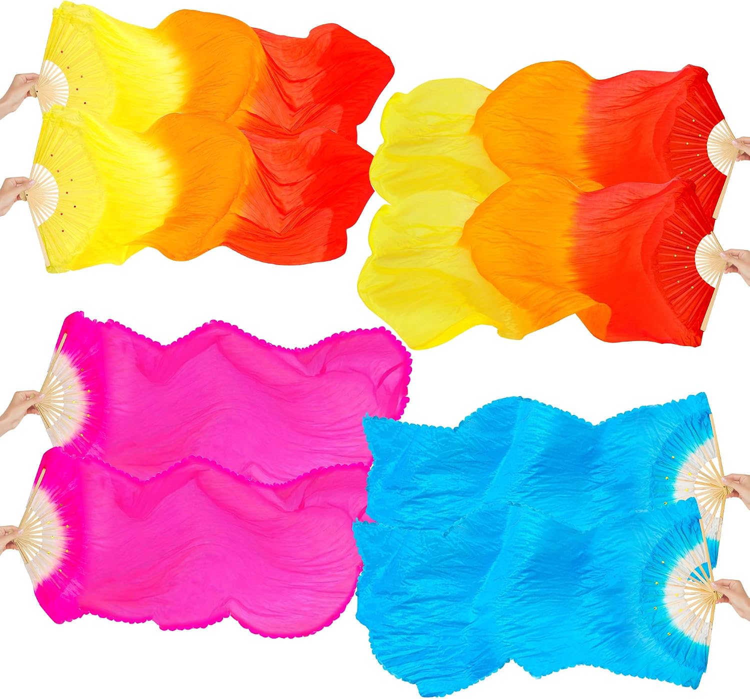 4 Pair Silk Belly Dance Bamboo Fans, 1.8M Long Folding Belly Dance Silk Fan, Silk Fans for Dance, Dancing Show(Left+Right)