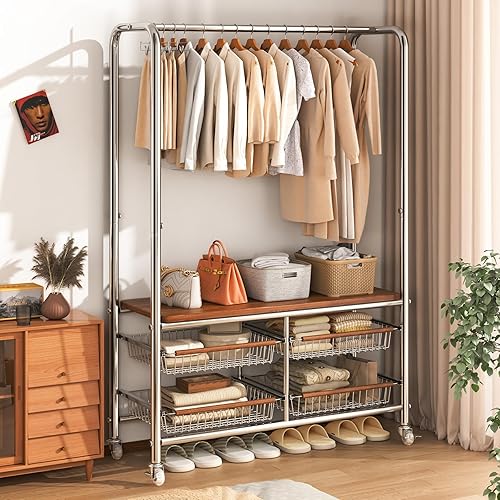 Perchero de ropa con ruedas para colgar ropa, portátil, para interiores, armario, estantes organizadores, estantes de metal resistente, estantes de