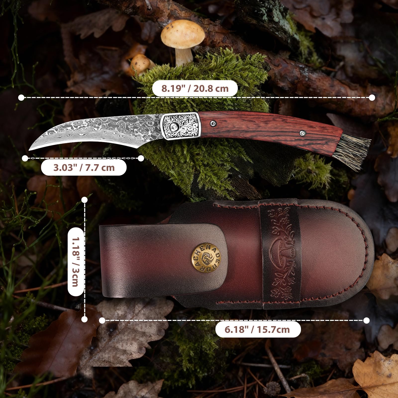 DRACHENADER Couteau Champignon Damas avec Brosse Intégrée, Couteau à Champignon Pliant Forgé à la Main avec Liner Lock, Idéal pour la Cueillette des Champignons