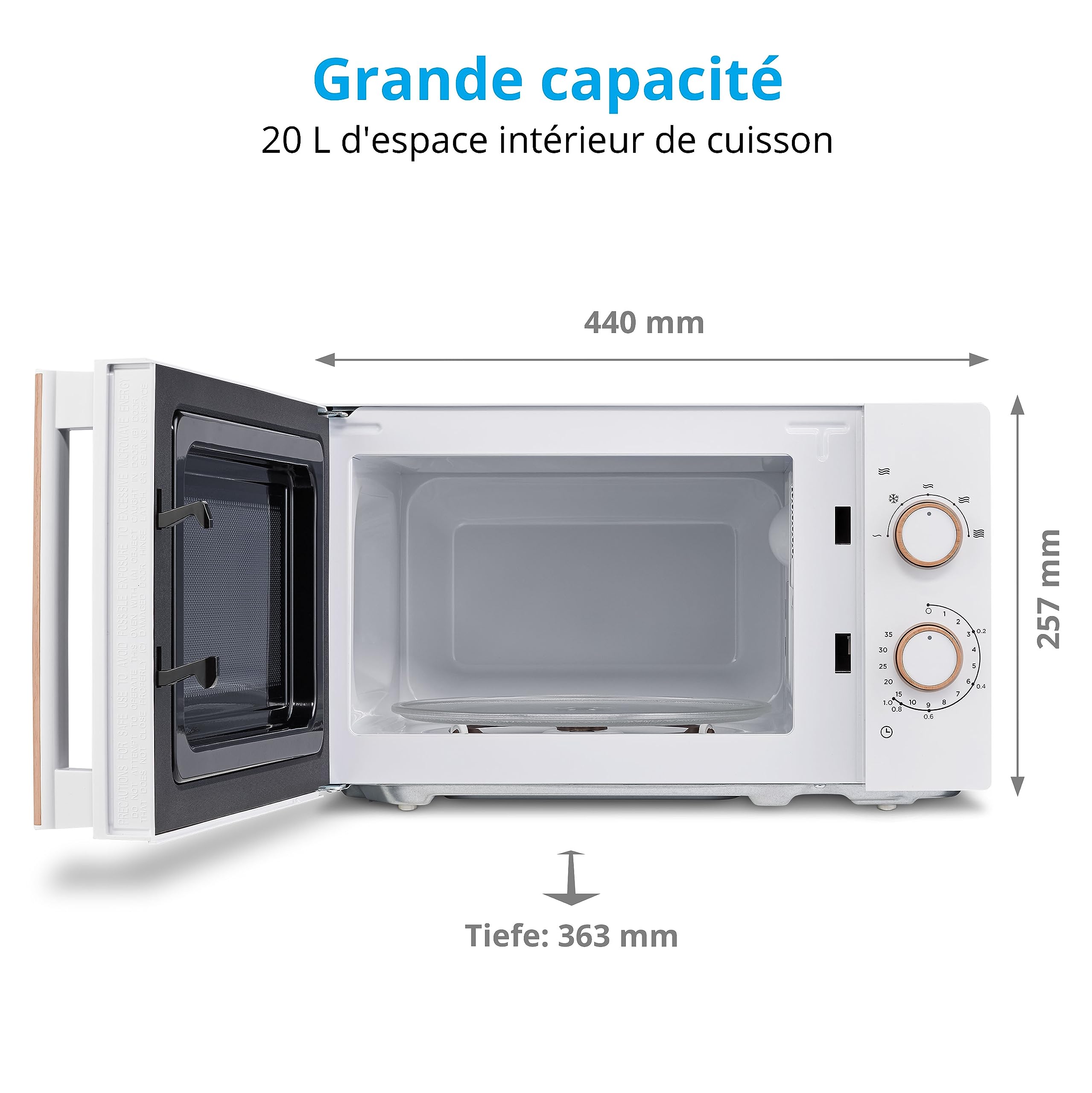MEDION Micro-ondes (aspect bois, 20 litres, 700 watts, porte miroir, 5 niveaux de puissance, fonction décongélation, minuterie, MD10596) blanc