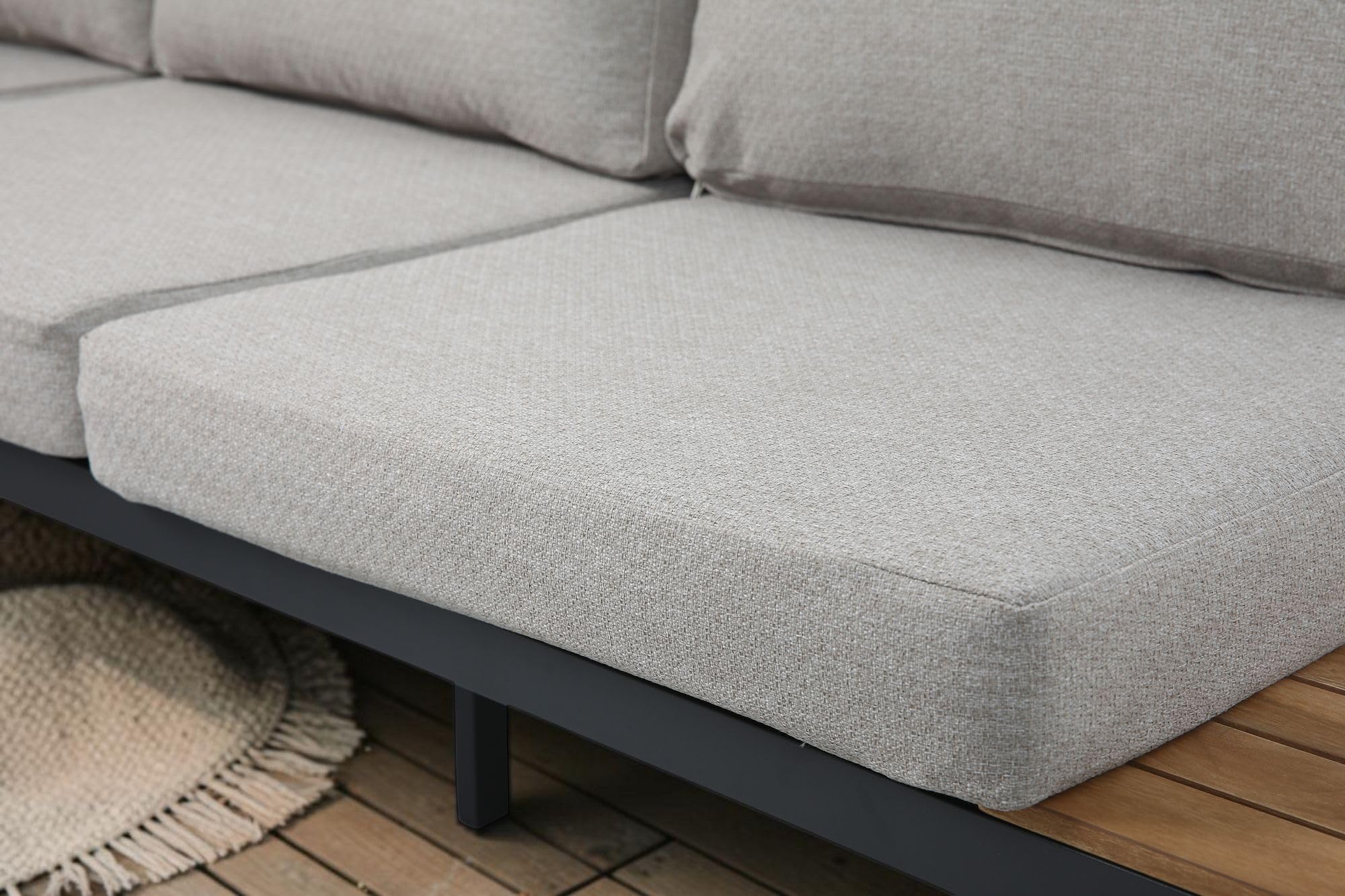 ALEOS. Gartenlounge wetterfest bis 7 Personen Lounge Aluminium Teakholz mit Bank OUTDOOR Polster Kissen Olefin BRASILIA Loungeecke Loungegarnitur Sitzgruppe Sofagarnitur Esstischlounge anthrazit beige