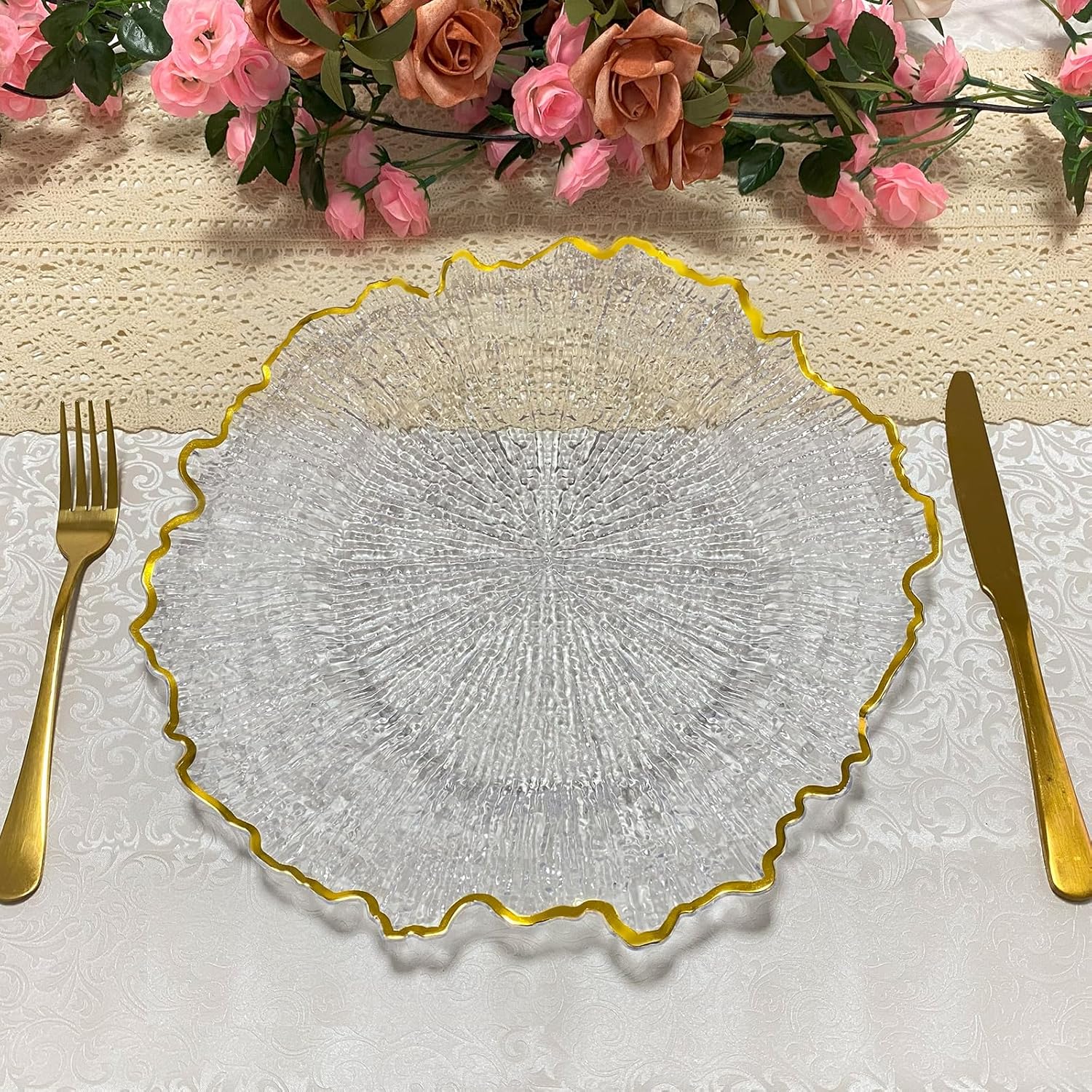 CN JIAHE 13inch Clear Acrylic Reef Gold Rim Charger Plates Set of 8 , for Dinner , Wedding , Party , Event Decoration.