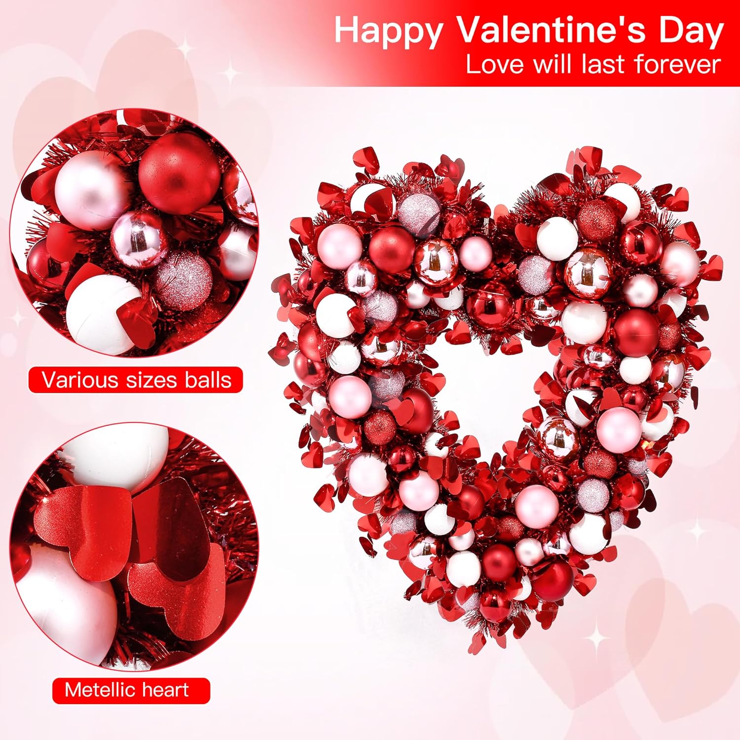 Sggvecsy 17.7'' Heart Shaped Wreath Red Pink White Heart Wreath with Tinsel Red Balls Decorations for Front Door Wedding Party Anniversary Wall Decor Gift Girlfriend Mother’s Day