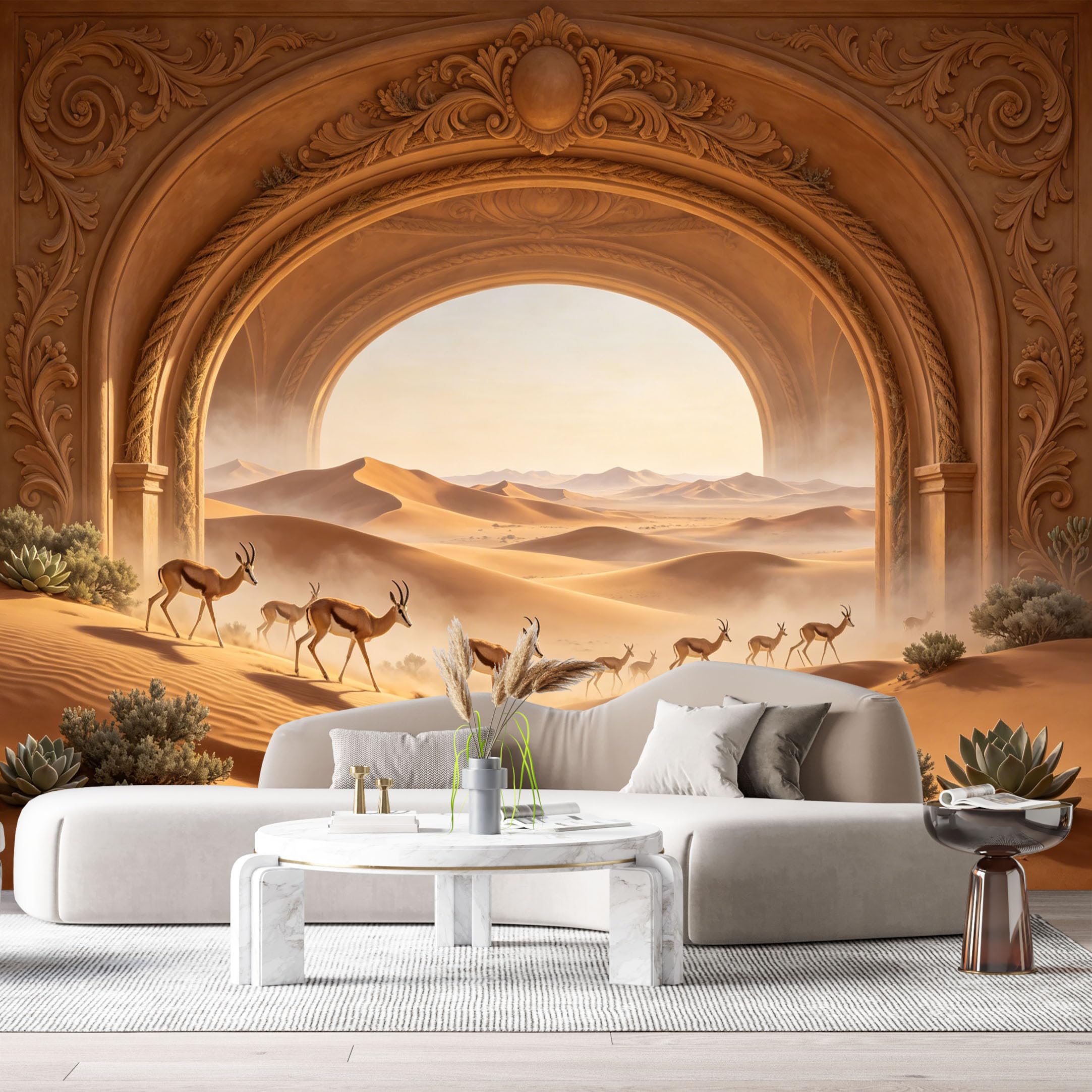 Custom Size Wall Murals Desert Antelope Landscape Neoclassical Arch 3D Trompe L'Oeil SelfAdhesiveWall Fabric Removable Wallpaper Wall Decor for Living Room Bedroom Bathroom