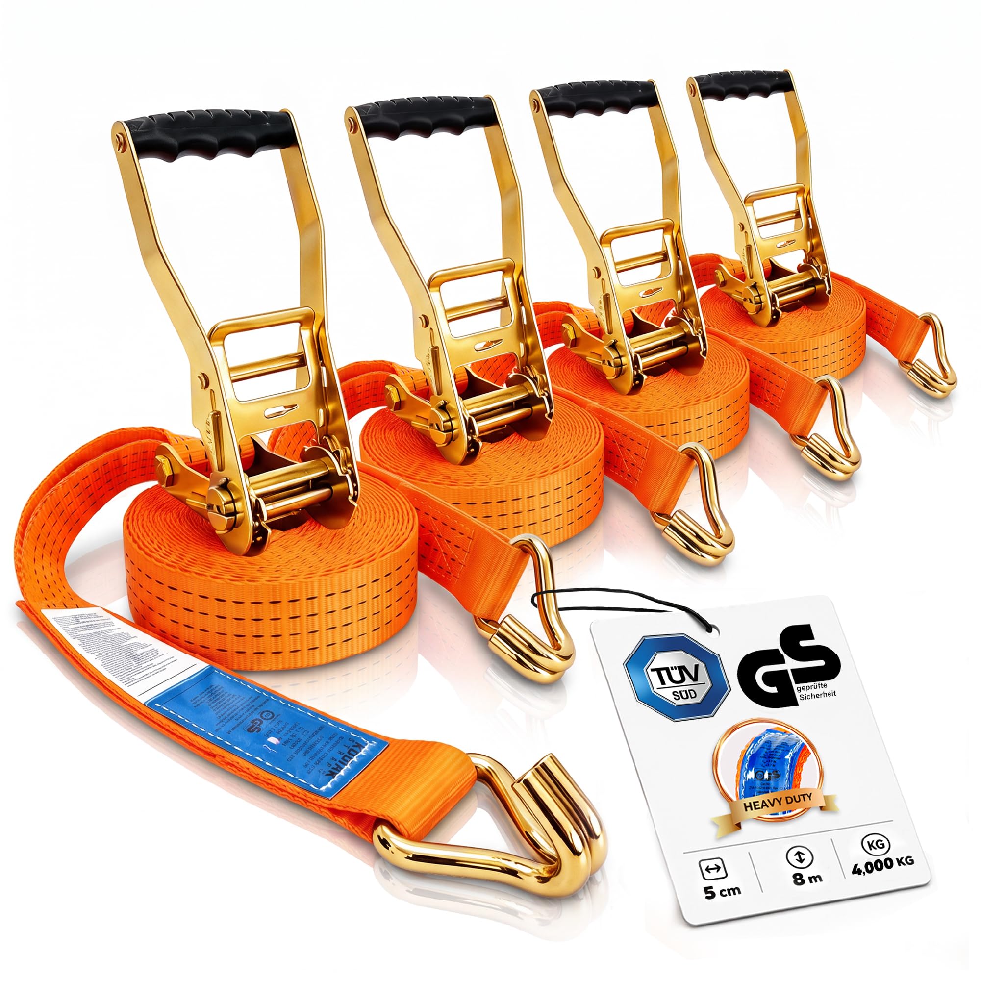 4 Lots de Sangles à Cliquet 8m x 4000kg avec Crochets - Sangles d'Arrimage 50mm Orange pour la Sécurisation des Chargements - Certifié TÜV/GS DIN en 12195-2 - KODIAK STRAPS