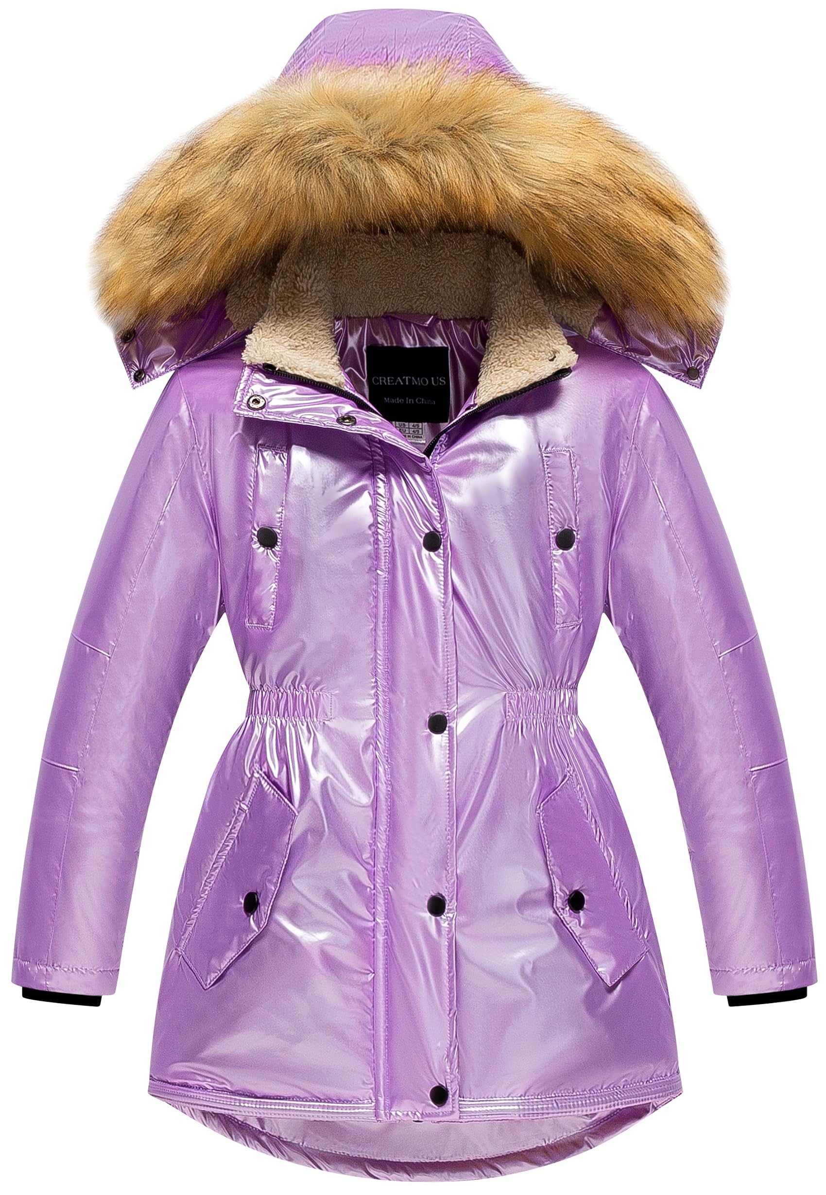 CREATMO US Girl's Long Winter Warm Parka Sherpa Trimmed Collar Puffer Ski Jacket Coat