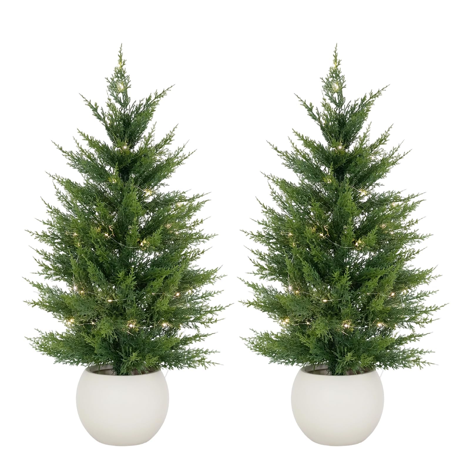 Lidzopas Set of 2 Artificial Pine Trees – Realistic 3D Needles – Evergreen Faux Decorative Plants in Modern White Round Pots – Low Maintenance for Home, Office, Entryway, or Tabletop – 3FT Size