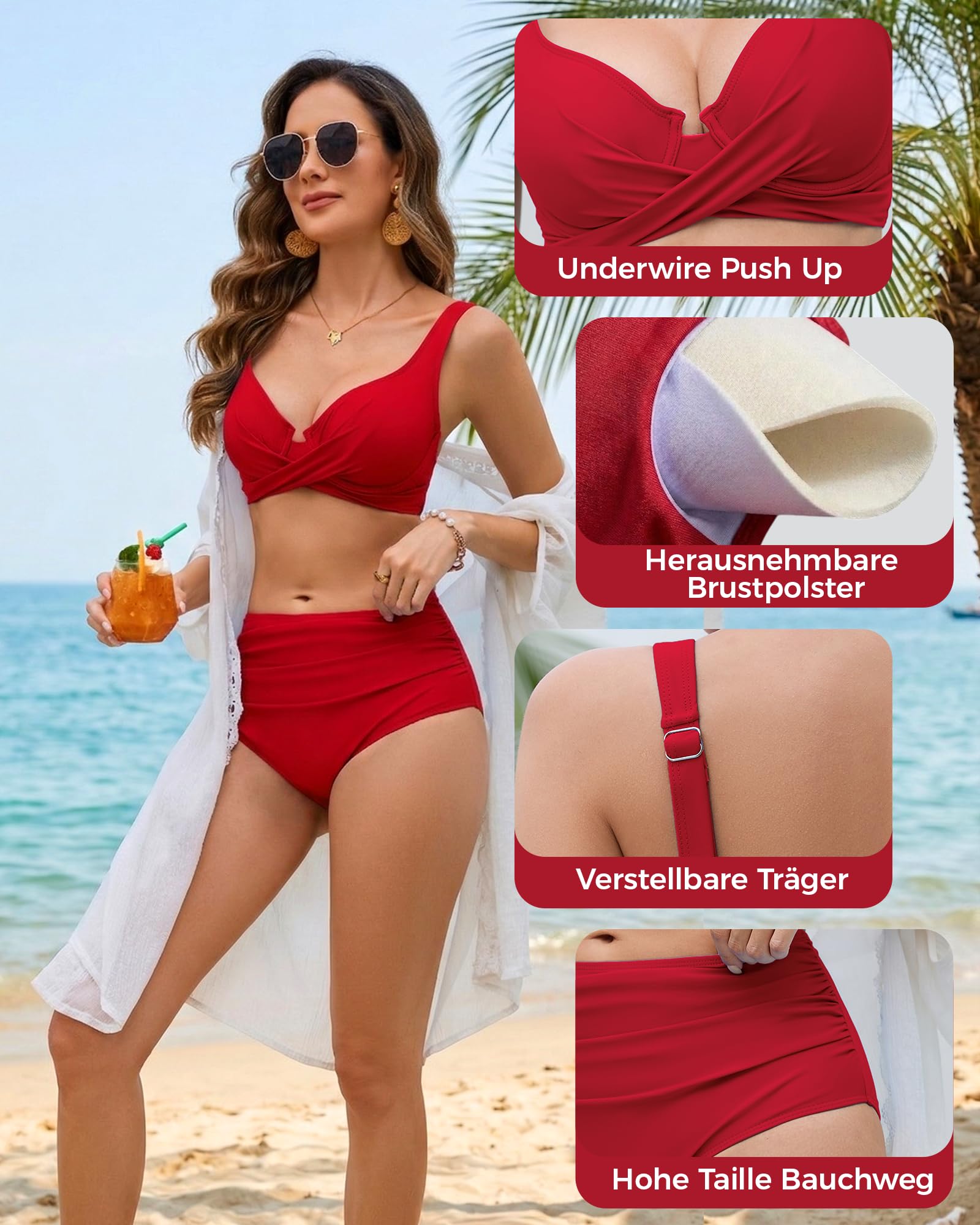 Bikini Damen Set Mit Bügel, Bauchweg Bikini High Waist Curvy | Bikini Oberteil Push Up Zweiteiler Badeanzug Hohe Taille Sexy Bademode Shape Swimsuit S-XXL
