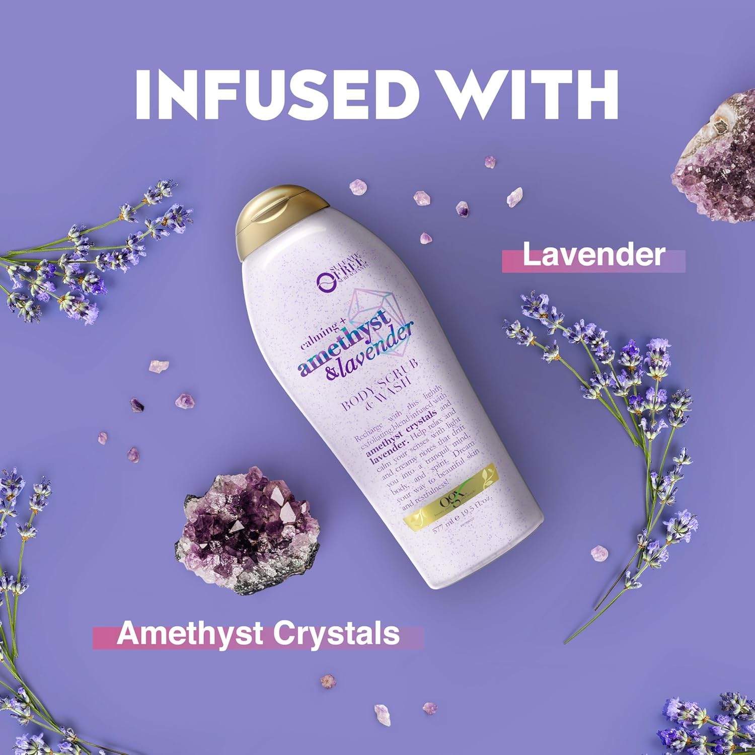 OGX Calming + Amethyst & Lavender Body Scrub & Wash, Gently Exfoliating, 19.5 fl oz