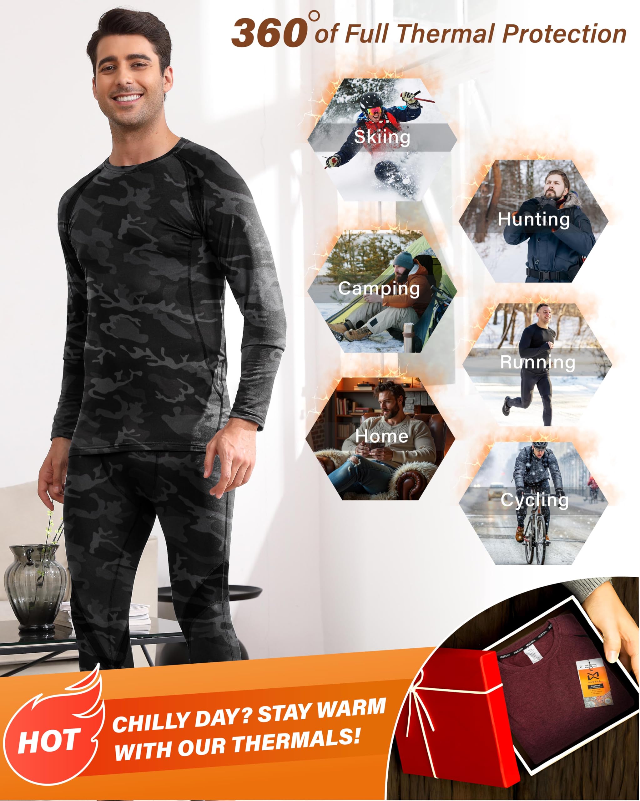 Muezna Herren Muezna Soft Fleece Lined Thermal Underwear Set Unterwsche (2er Pack)