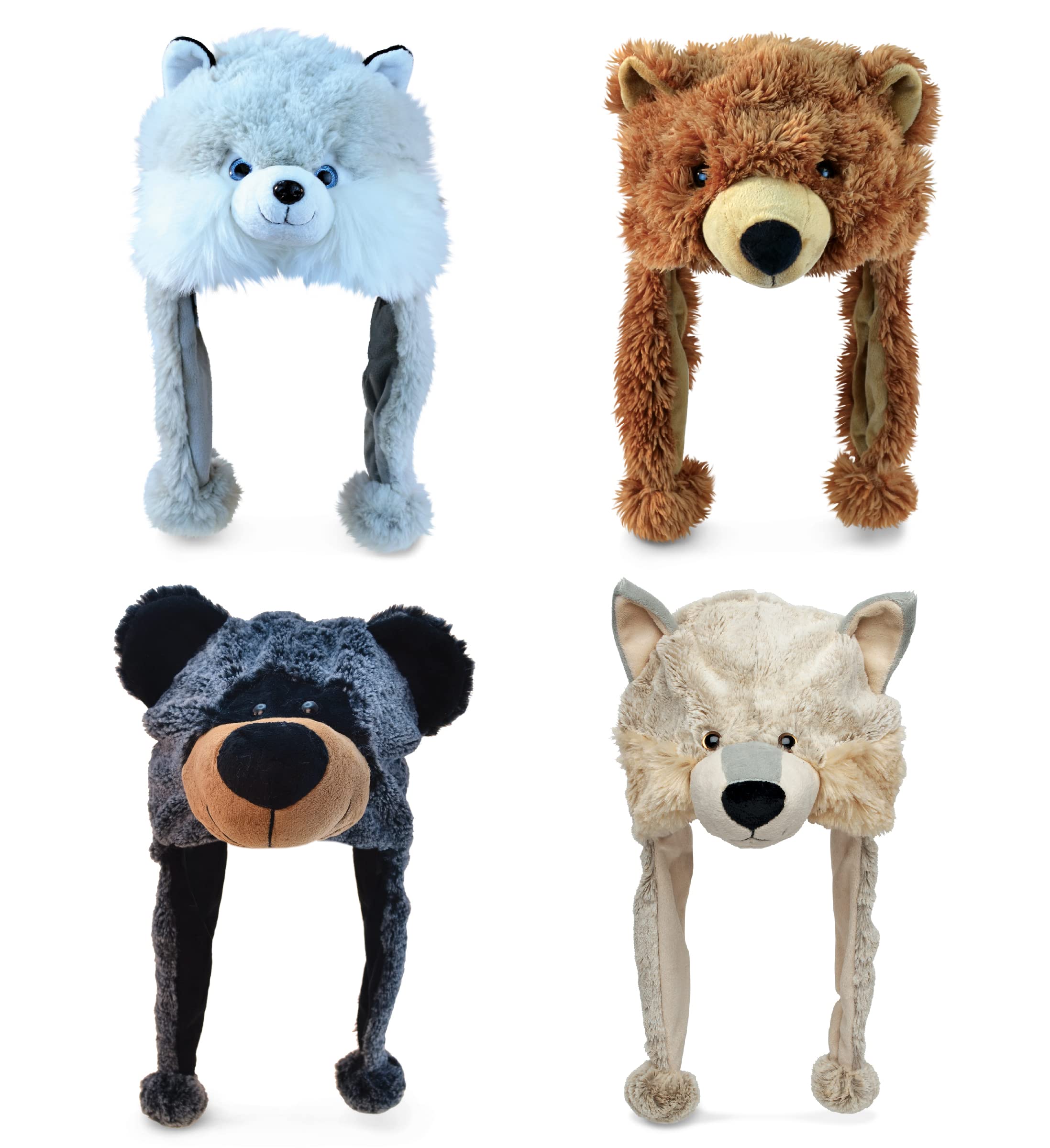 DolliBu Bears and Dogs Animal Plush Hat Set of 4 – Super Soft Black Bear, Wolf, Grizzly, Husky Warm Hats with Ear Flaps, Cute Stuffed Animals Toy Hats, Cozy Fleece Winter Hat for All Ages - 1 Size