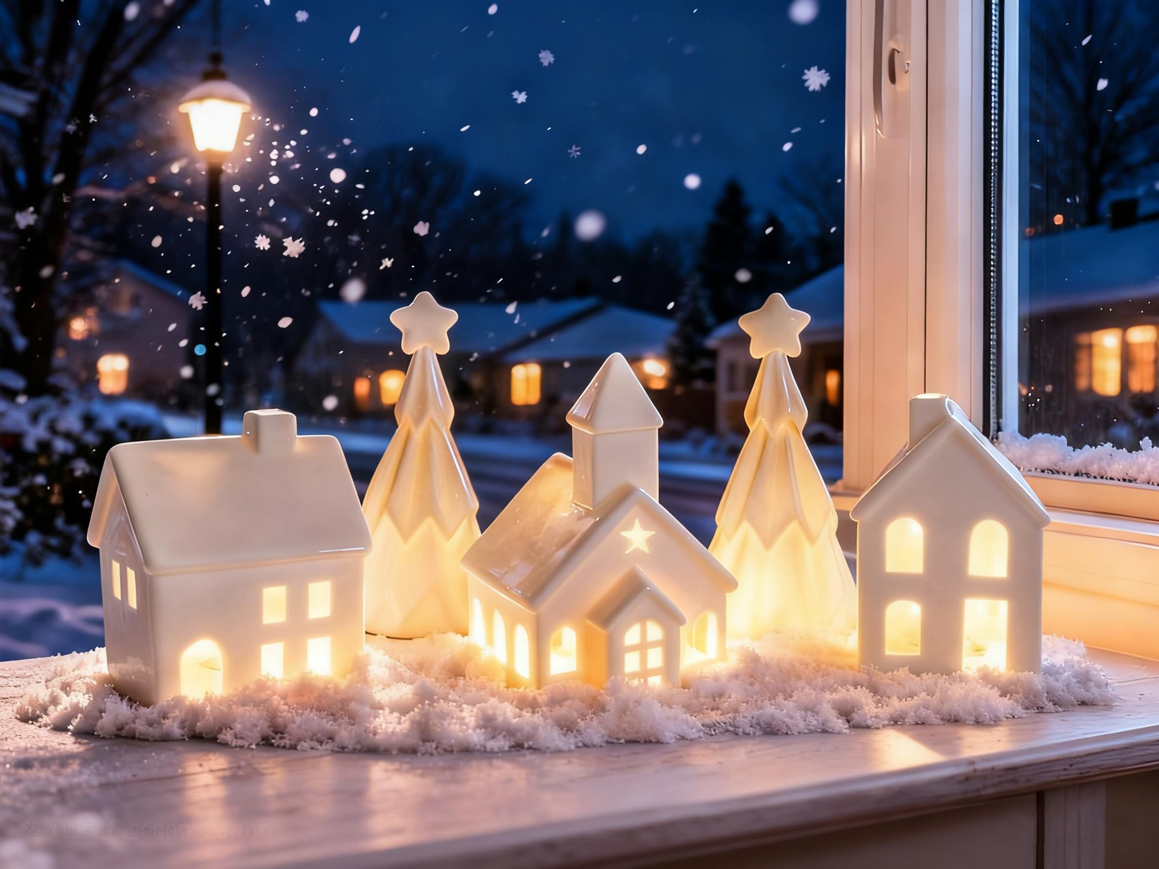 Ulable 5Pcs Ceramic Christmas Village Sets with LED Lights, White Christmas Village Ornaments - 3 Village Houses and 2 Trees, Tabletop Decorations for Home, Winter Holiday Display