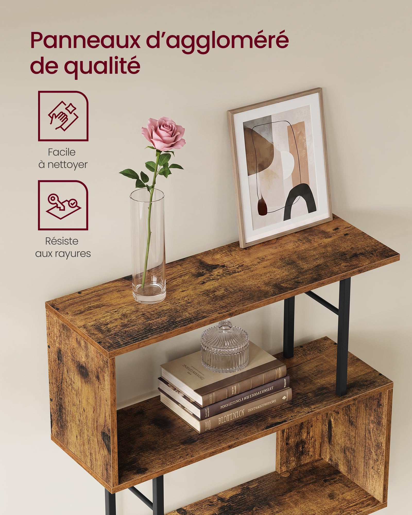 VASAGLE Bibliothèque en Forme de S, Étagère de Rangement à 7 Niveaux, Cadre en Acier, pour Salon, Bureau, 60 x 24 x 190,5 cm, Marron Rustique et Noir Mat, Collection Barnet LLS173KD01