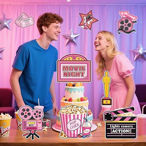 Miniatura 6 de 32 piezas de decoración de fiesta nocturna de película, impresión de doble cara para cámara, recortes de palomitas de maíz, tarjetas de mesa,