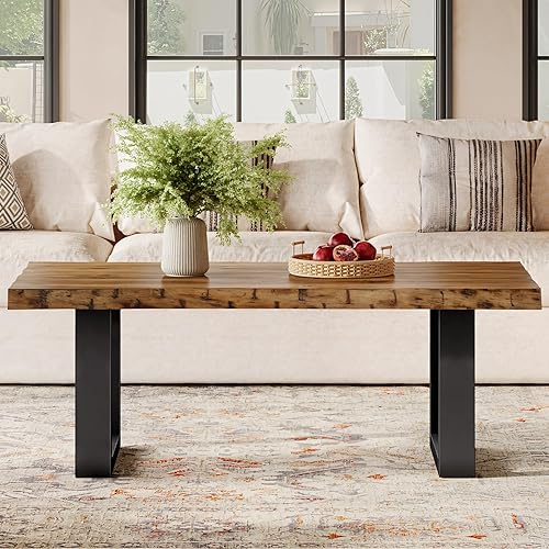 Miniatura 3 de Tribesigns Mesa de centro de madera maciza, mesa de centro industrial moderna con base de metal resistente, centro de acento grande de 47 pulgadas