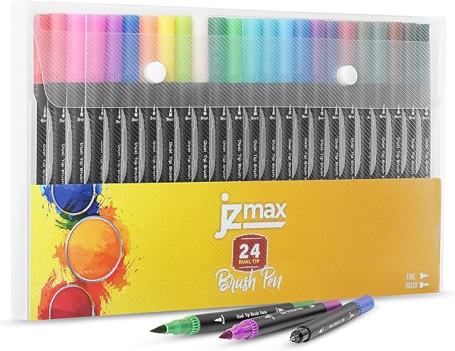 JZMAX Dual Tip Brush Pens Art Supplies Colouring Pens Set of 24 Coloured Pens, Felt Tip Pens- Art Pens for Kids and Adult Colouring Books- Fine Tip for Drawing, Brush Tips for Calligraphy