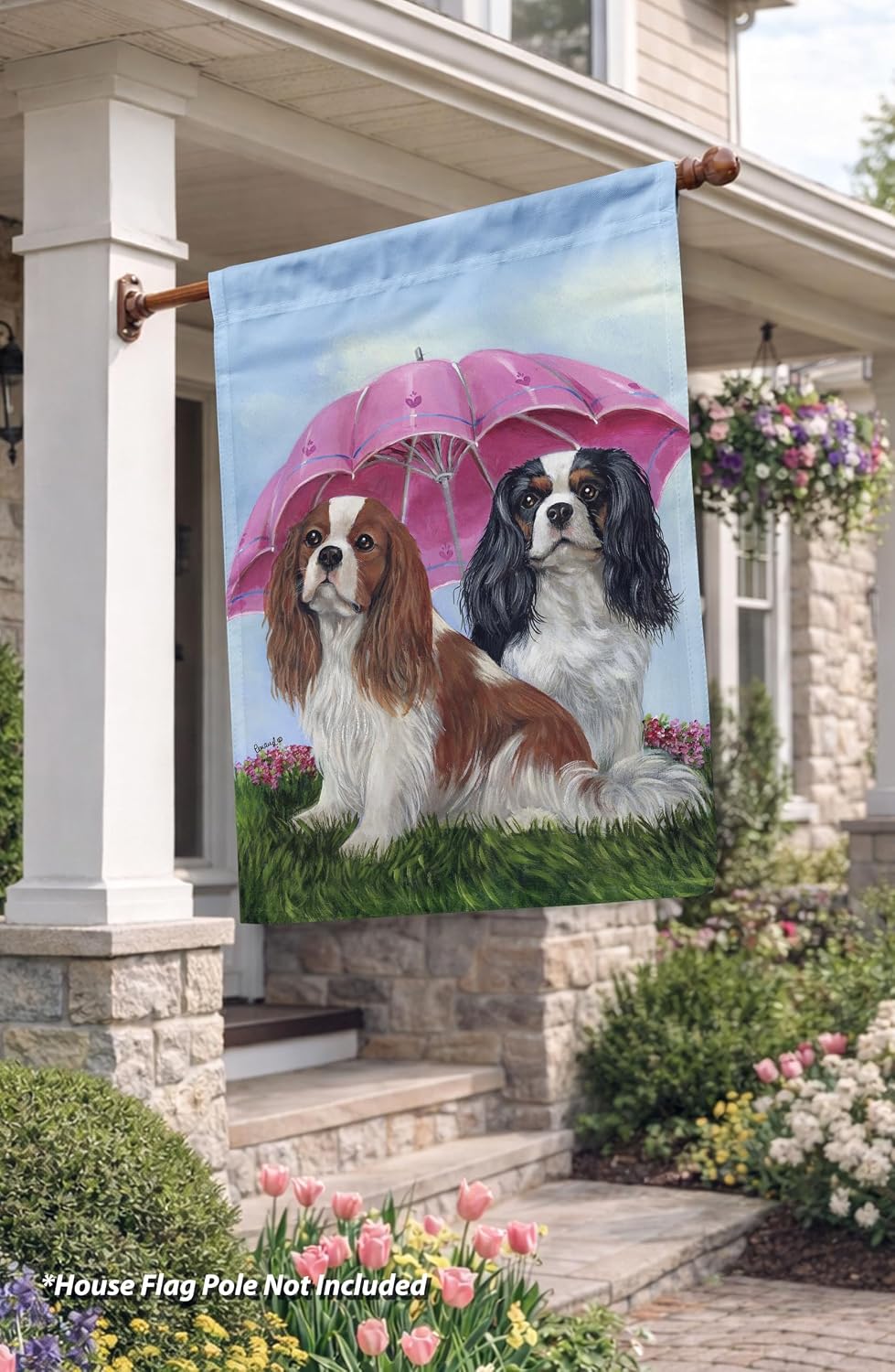 Flagology, Cavalier King Charles Spaniel Royal Subjects Spring House Flag 28” x 40”, Precious Pets Paintings, Outdoor Spring Decor, Decorative Dog Lover Flag