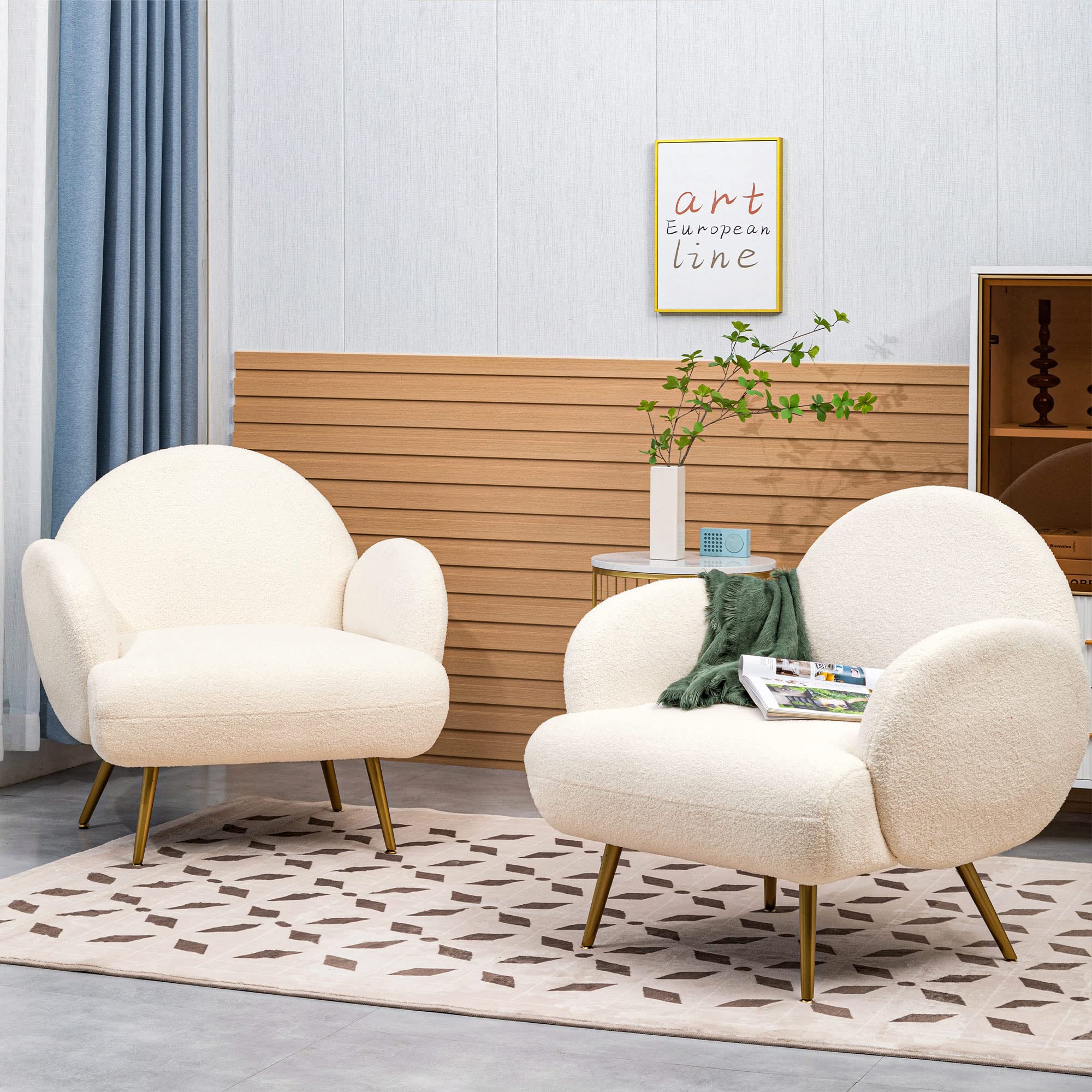 Sessel Moderner Loungesessel Einzel Loungesofa Lounge Sofa Gemütlicher Teddystoff Goldene Metallbeine Geeignet für Wohnzimmer Schlafzimmer, Weiß, Armlehne