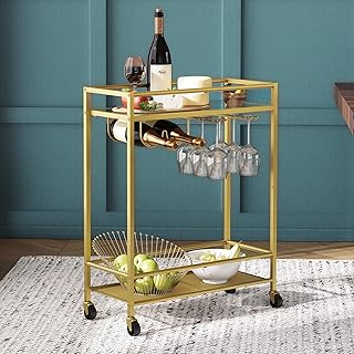 Bar Cart for The Home, Gold Serving Cart with Wine Rack and Glass Holder, 2-Tier Glass Bar Cart on Wheels, Rolling Serving Cart for Kitchen, Dining Room, Club, Bar, Gold RCJ63B01Z