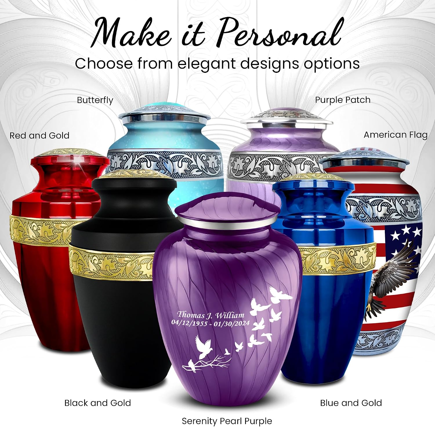 Set of 6 Serenity Custom Engraved Dove Decorative Urns for Human Ashes Includes 1 Large Urn with 4 Small Keepsakes & 1 Silver Necklace - Pearl Purple