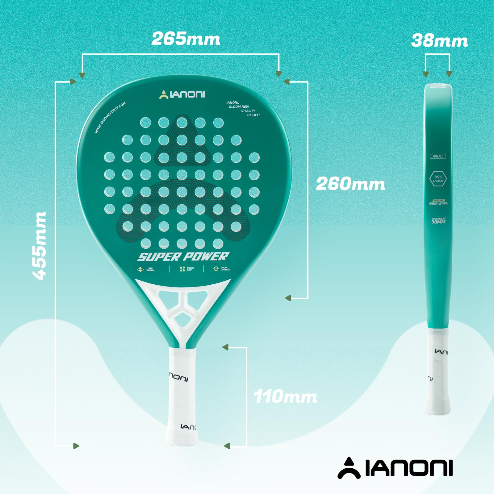 ianoni Racchetta da padel in fibra di carbonio+superficie ruvida con schiuma EVA Memory Flex Core-Green