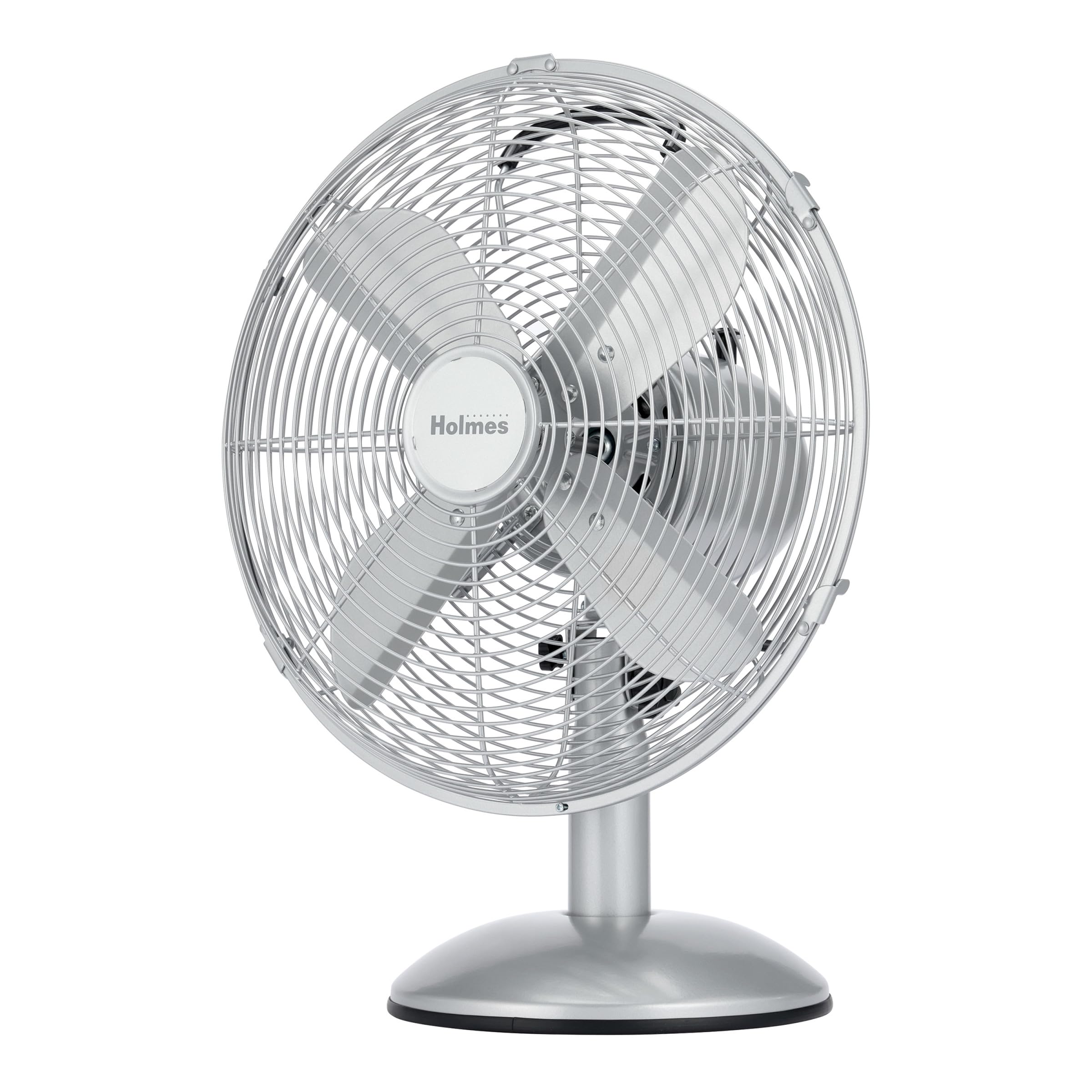 Holmes 12" Vintage Oscillating Metal Table Fan 3 Speed 4 Blades 80° Oscillation Adjustable 25° Tilt Carry Handle Durable Construction for Home or Office Brushed Chrome Finish