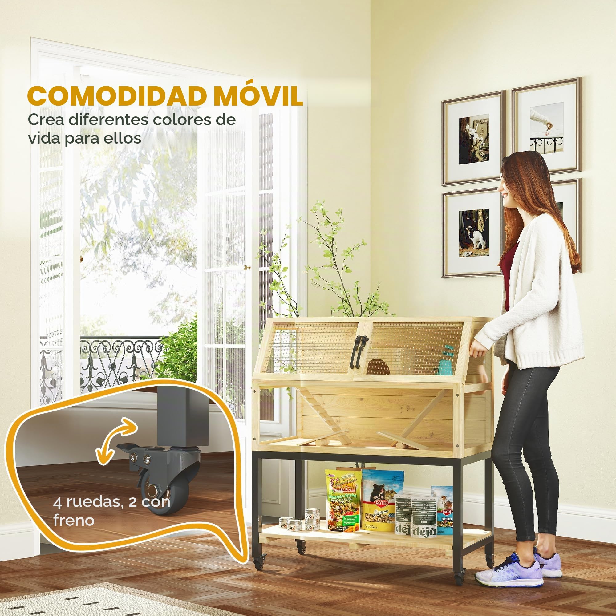 PawHut Jaula de Madera para hámster Enano, 87 x 43 x 101 cm Jaula para roedores con Estante, Botella de Agua, caseta, balancín, Jaula para Animales pequeños con Ruedas, rampas, Madera Natural