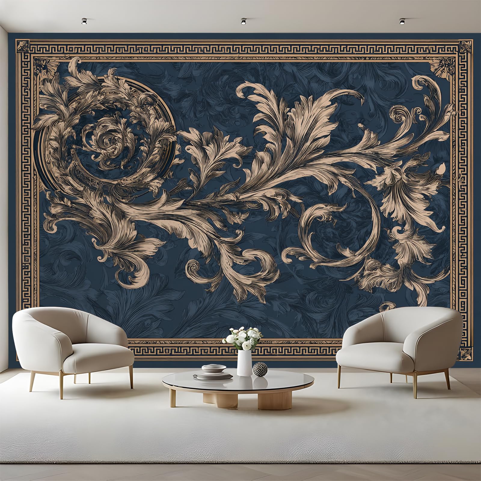 Papier peint baroque bleu marine autocollant amovible pour relooker un grand mur sans abîmer