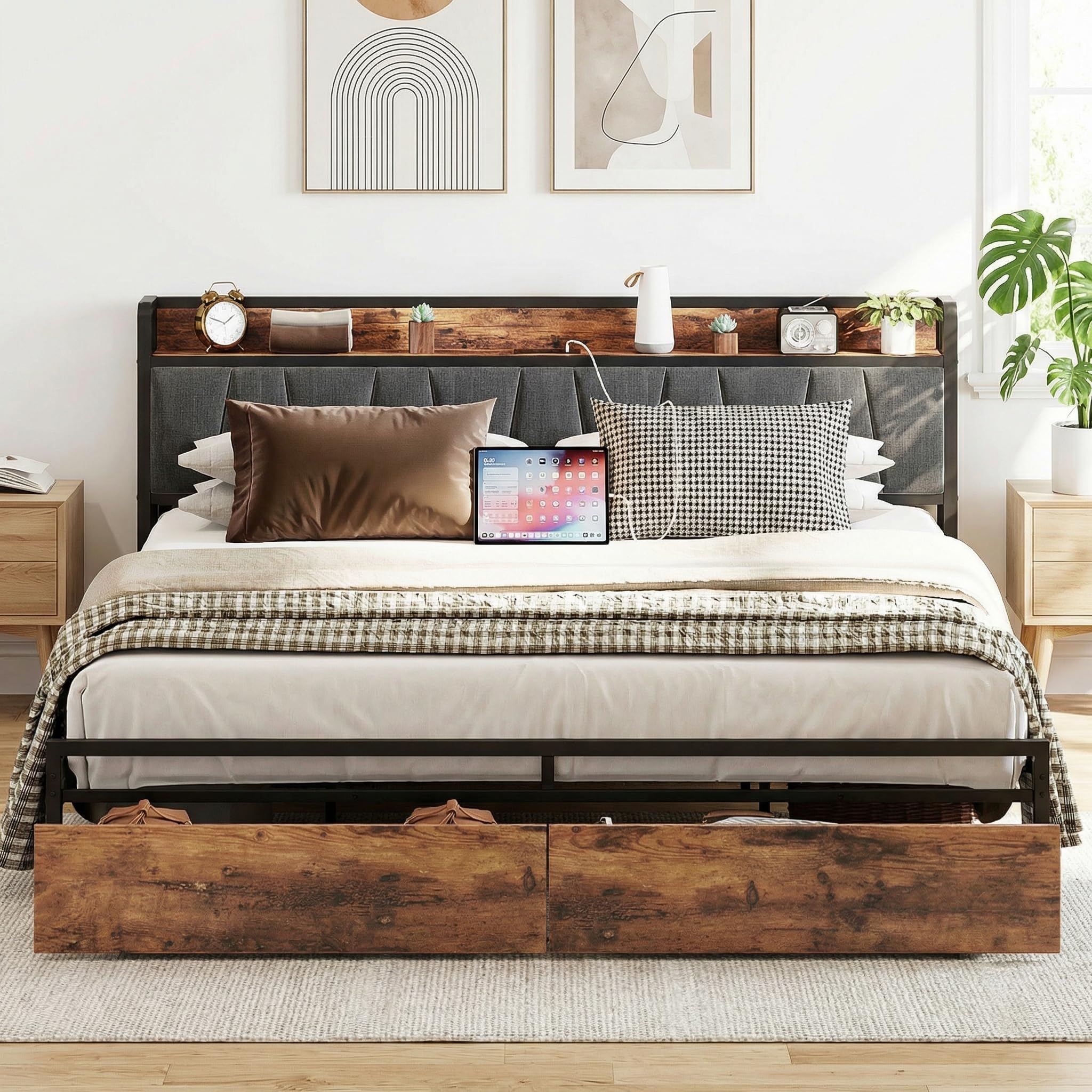LIKIMIO King Size Bed Frame Storage Headboard with Charging Station Platform Bed with Drawers No Box Spring Needed
