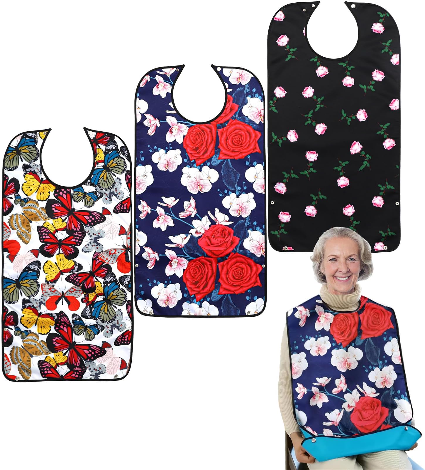 Pafusen 3 Pack Adult Bibs for Women, Reusable Adult Bibs for Eating with Optional Crumb Catcher, Waterproof Washable Dining Clothing Protector, Gifts for Women/Mom